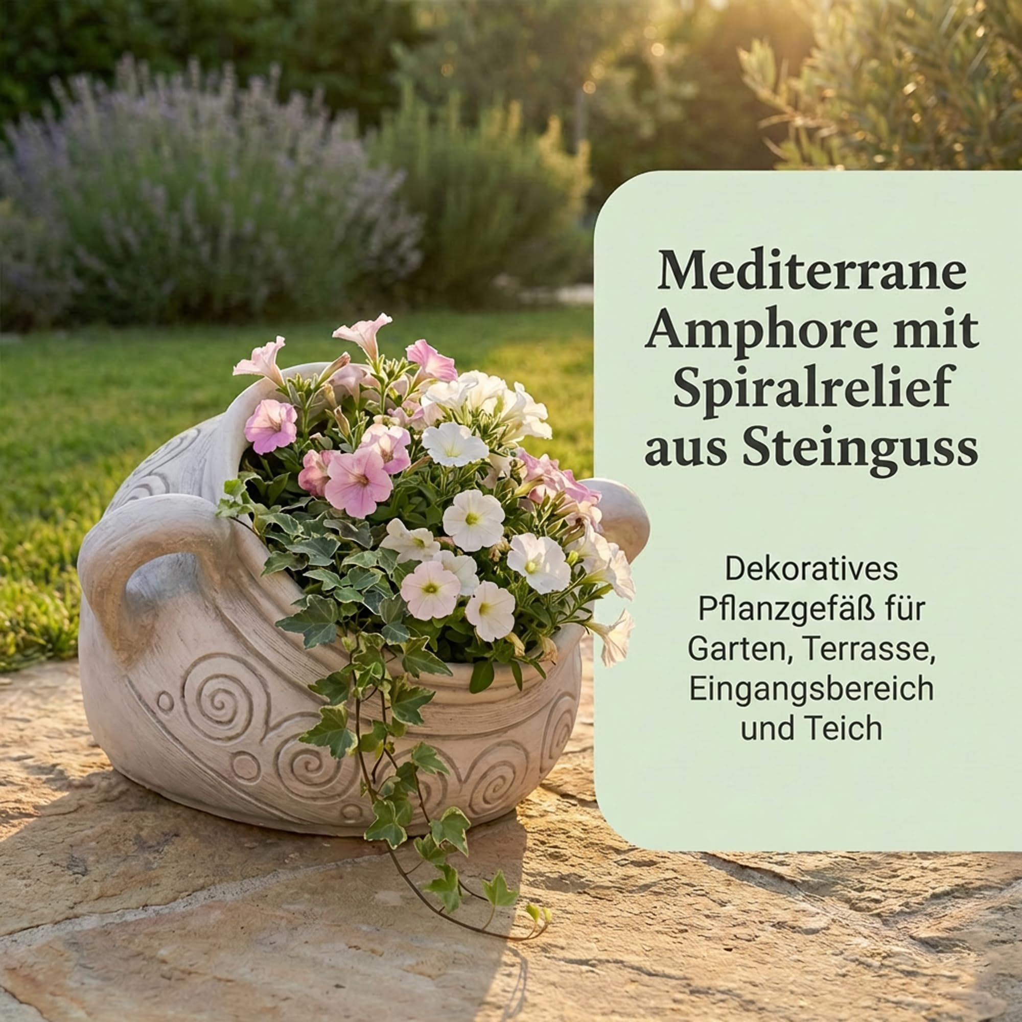 gartendekoparadies.de Garten Amphore Pflanzgefäß aus Steinguss, Pflanzamphore mit Spiralrelief, 30 cm Höhe, grau, frostsicher für Außenbereich