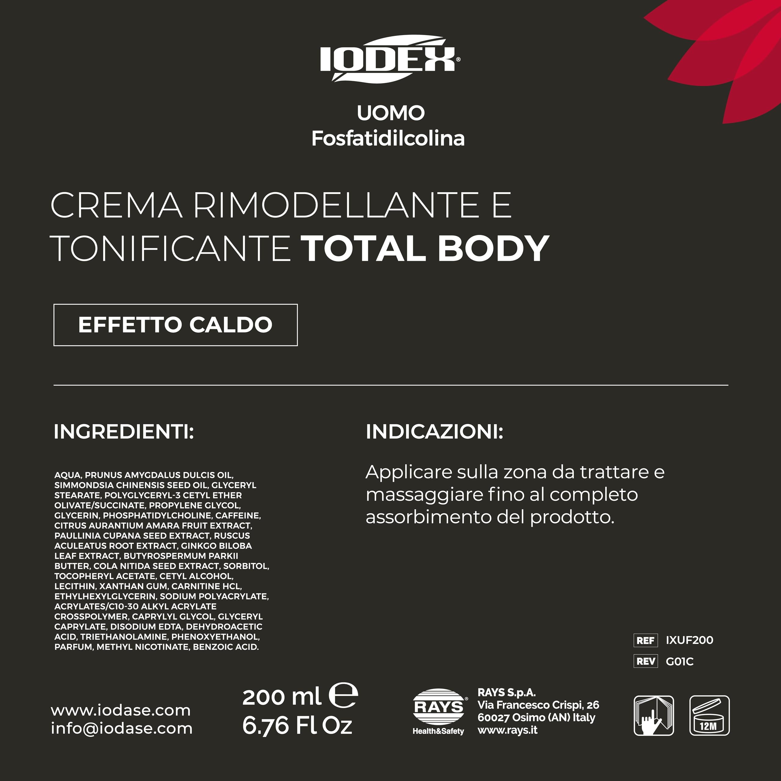 Iodase Iodex Uomo F Crema 200ml, Rimodellante e Tonificante Total Body con Fosfatidilcolina, Effetto Termogenico, Migliora Compattezza e Tonicità della Pelle Maschile, Dermatologicamente Testata