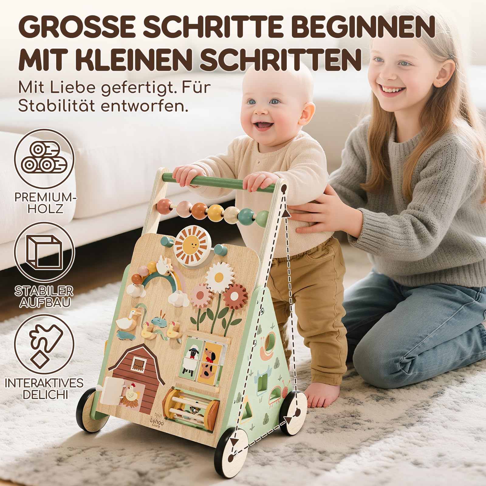 Lauflernwagen, Bauernhof Lauflernhilfe mit 10-in-1 Activity Center, Gehhilfe Baby, Lauflernwagen Holz mit Bremse, Montessori Spielzeug ab 1 jahr