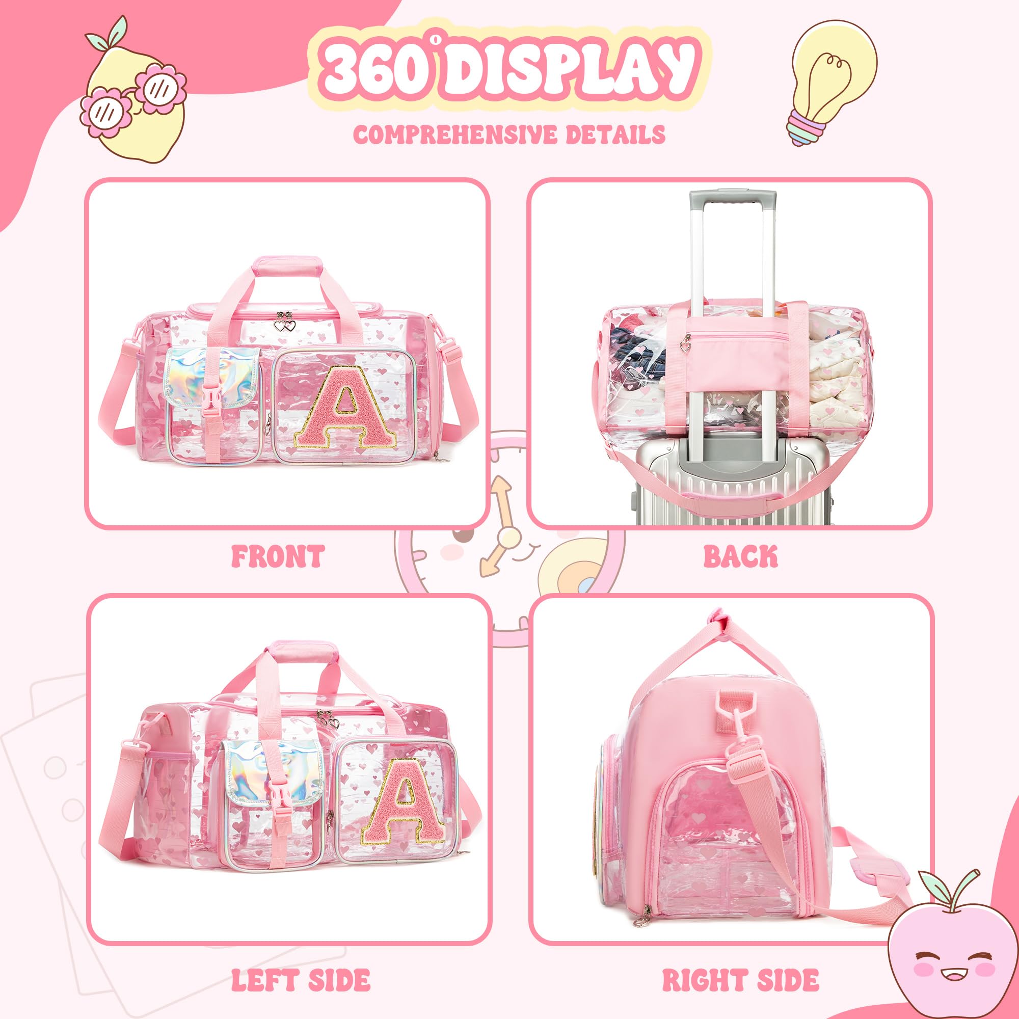 HTgroce Borsone Palestra Bambina Iniziale A Personalizzato Trasparente– Borsa Piscina con Scomparto Scarpe – Borsa da Viaggio Ragazza per Danza, Nuoto e Sport – Duffel Bag
