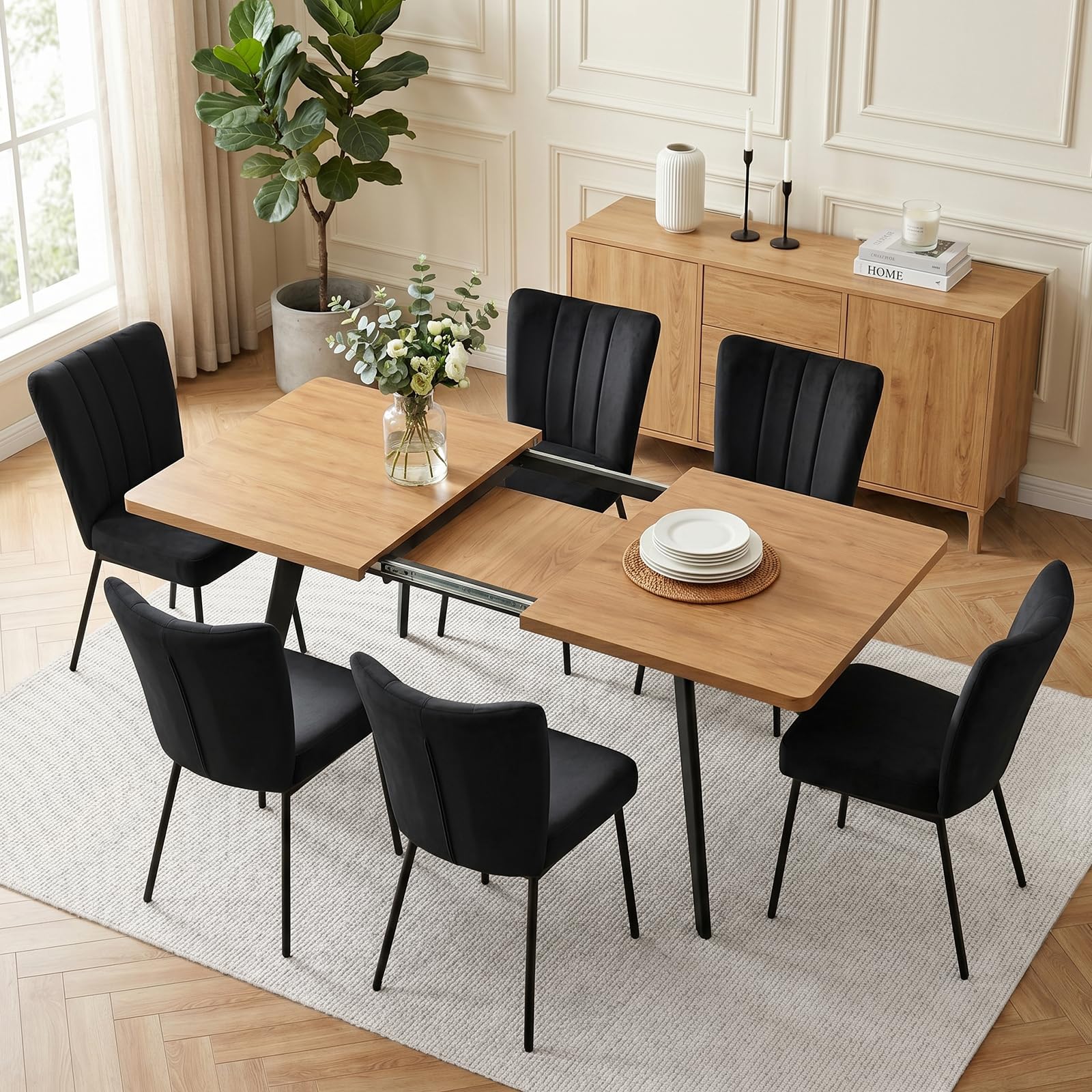 JIEXI Ausziehbares Esstisch-Set mit 6 Stühlen, platzsparender MDF-Tisch und stabilem Metallgestell, ideal für Esszimmer, Küchen und Wohnungen – Tisch in Eiche + Stühle mit schwarzem Samtbezug