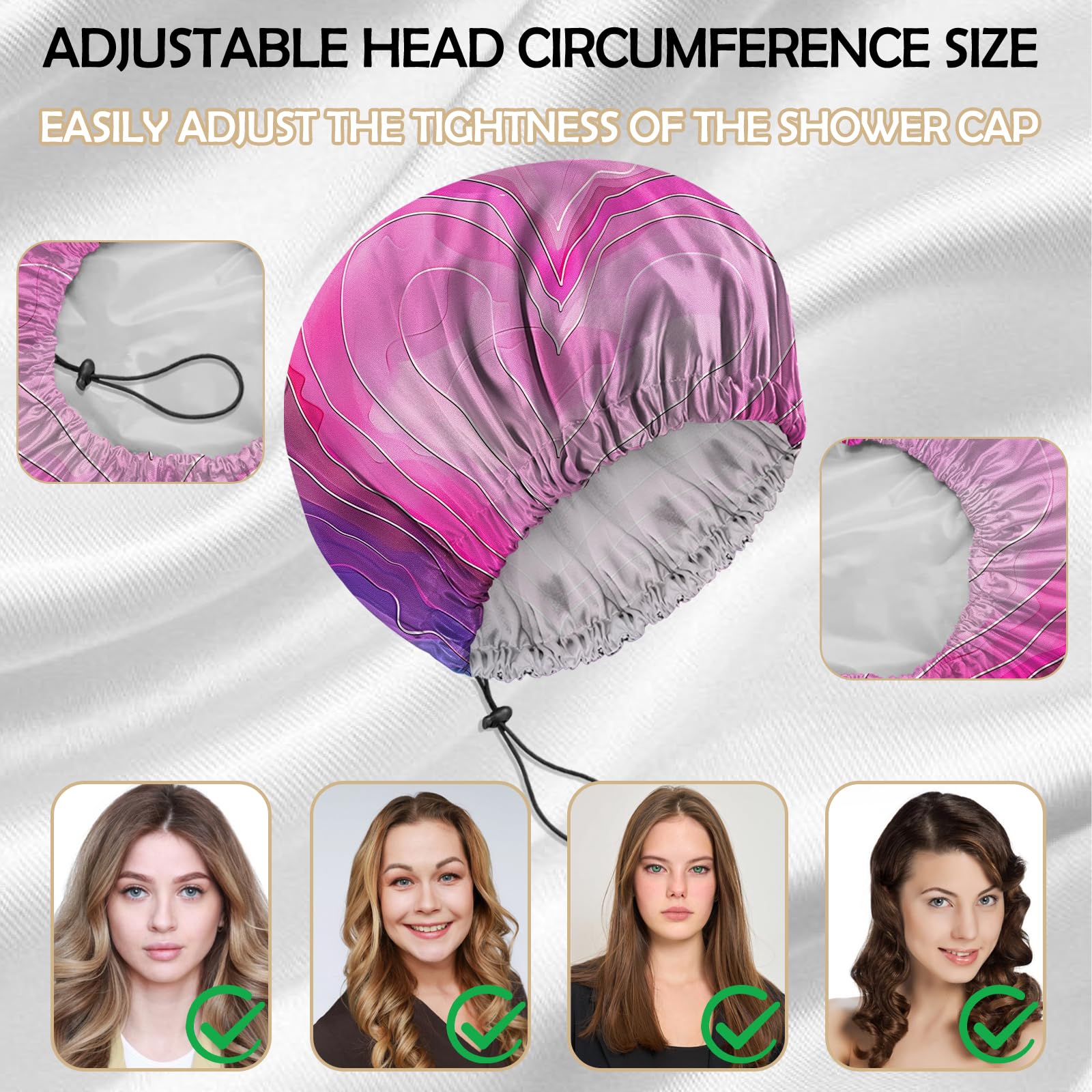 Deokke 2 PCS Shower Cap Reusable Large Waterproof Adjustable Double Layer Elastic Dry Hair Bathing Caps Aesthetic Cute for Women Girls (Q15-Heart Flower) - Image 4