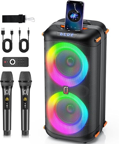 HWWR Máquina Karaoke, Altavoces Bluetooth portátiles con 2 micrófonos inalámbricos para Adultos, Sistema Caja Karaoke PA con Luces de Discoteca para Grandes Fiestas, Soporte TF/USB/FM/Rec/AUX