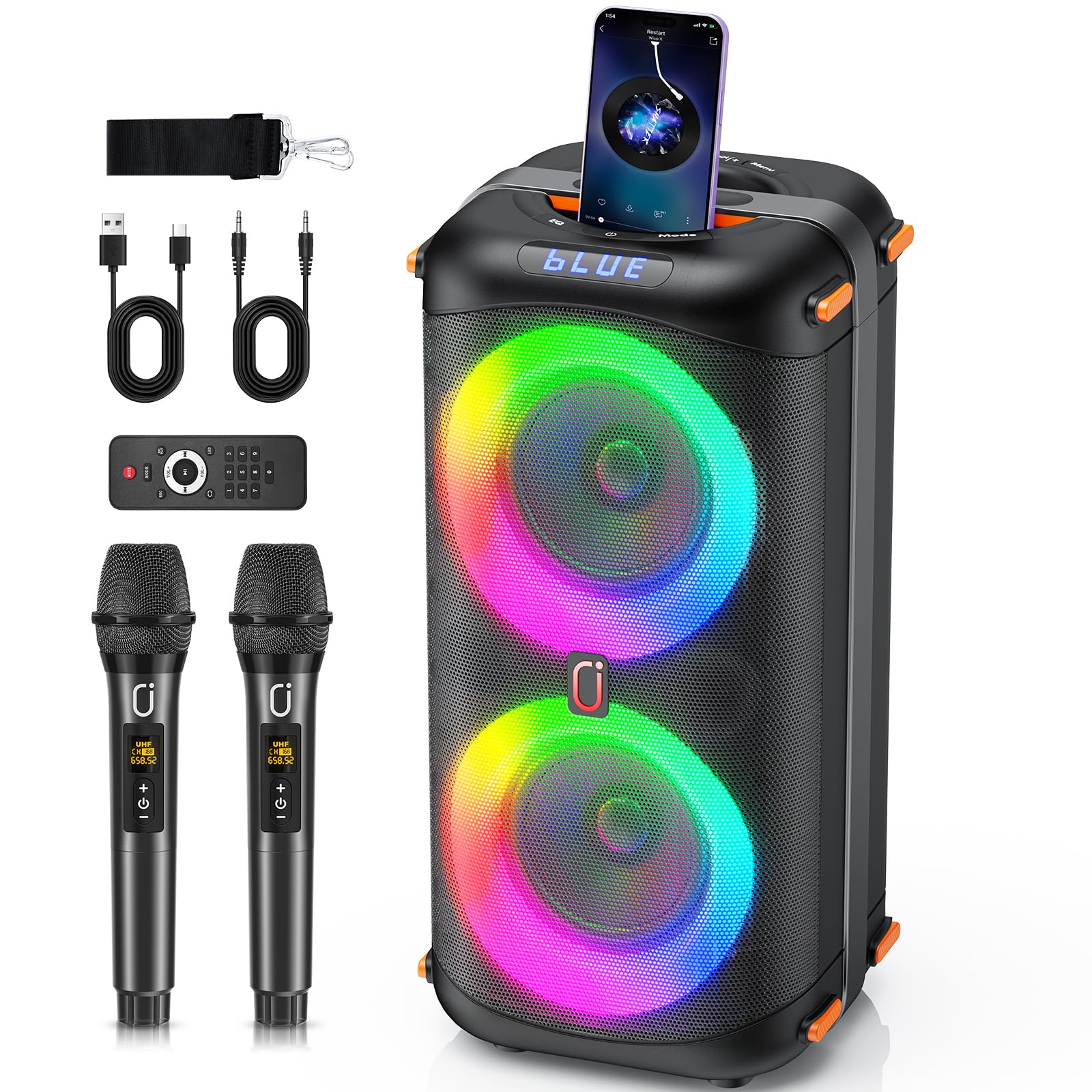HWWR Enceinte Karaoke 2 Micro sans Fil, Puissance Max 300W Karaoké Professionnel, 10000mAh Portable Bluetooth 5.3 avec LED Haut-Parleur Amplifié Portable Système Karaoké Soutien