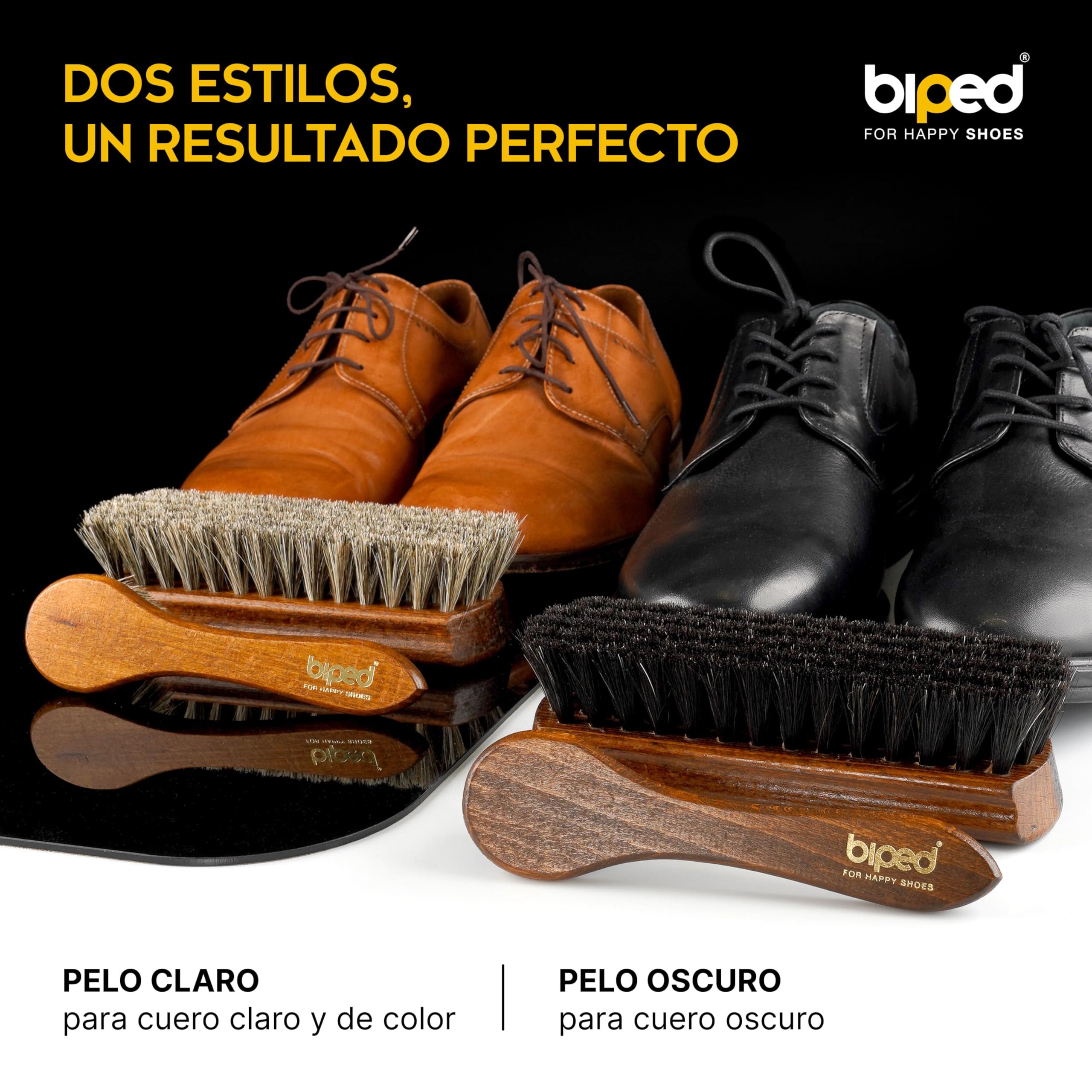 Biped Set de 4 cepillos para Zapatos Classic con Mango de Haya – 2 para aplicar betún + 2 para abrillantar con Crin de Caballo – Completo Kit de Cuidado del Calzado en Caja Regalo z2487