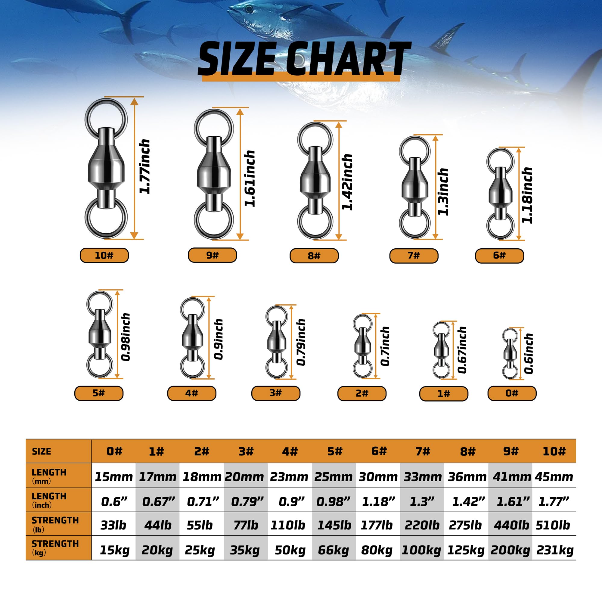 Piscorush 50pcs Ball Bearing Swivels Set Copper Swivels Barrel Swivels Stainless Split Ring High Strength Saltwater Fishing Swivels Hooks Connectors (#0#1#2#3#4 - Image 3