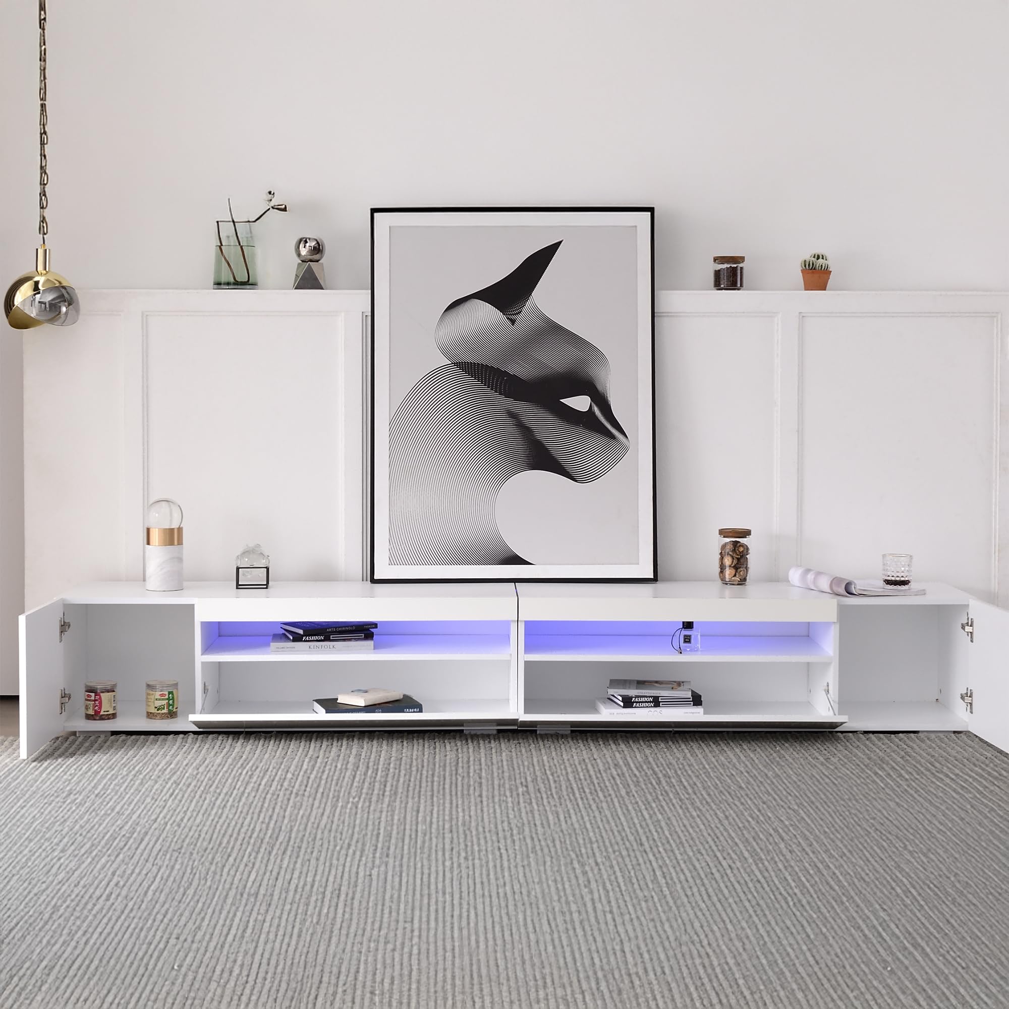 240cm TV Lowboard Weiß, Helles Panel TV Board Wohnzimmer mit Variable LED-Beleuchtung, Modern TV Schrank, Fernsehschrank, Wohnzimmer Möbel, Glänzendes Panel, Nicht Hochglänzend, Weiß