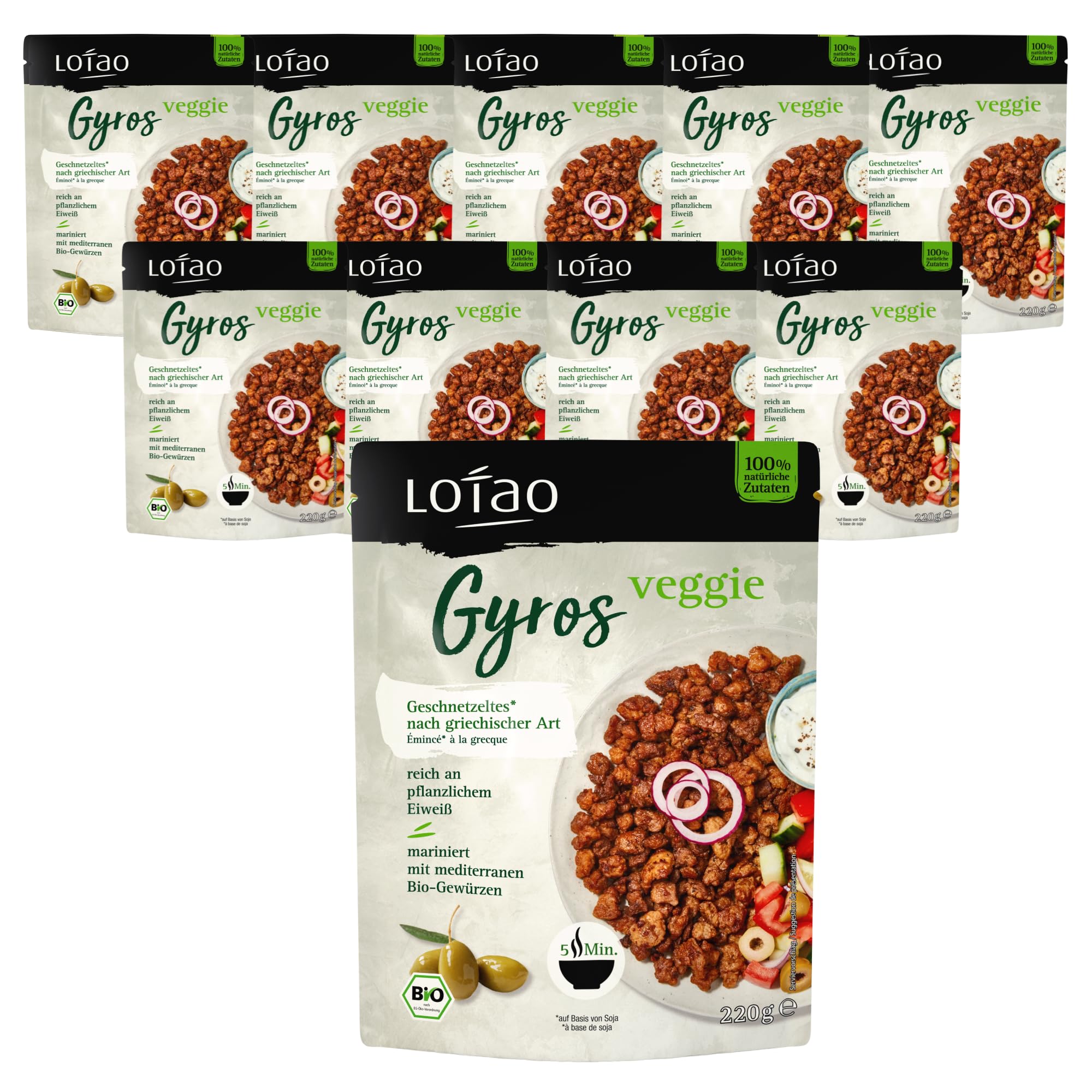 Lotao Veggie Gyros 10x220g | Vegane Fleischalternative aus Bio-Sojaschnetzel mit mediterraner Gewürzmischung | Proteinreich & schnell zubereitet | Vegane Lebensmittel & würziges BIO-Gericht
