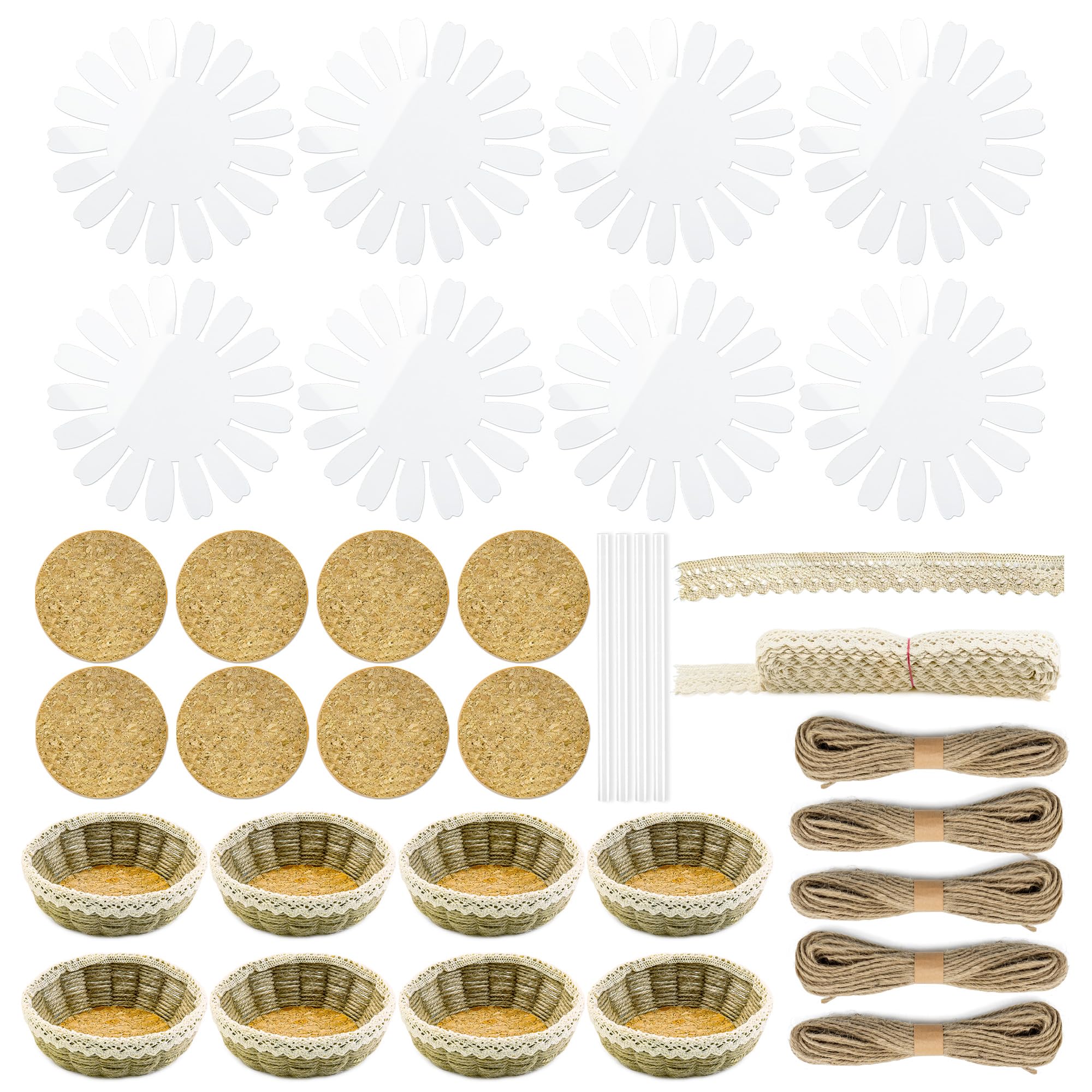 Kit de 8 juegos de artesanía de tejido de cestas para principiantes, bricolaje, estilo arpillera, almacenamiento de escritorio, piezas pequeñas, dulces, galletas, cuencos, base de plástico de 8 pulgadas y 109 yardas de cordel de yute y forros de corcho, barras de pegamento caliente de encaje