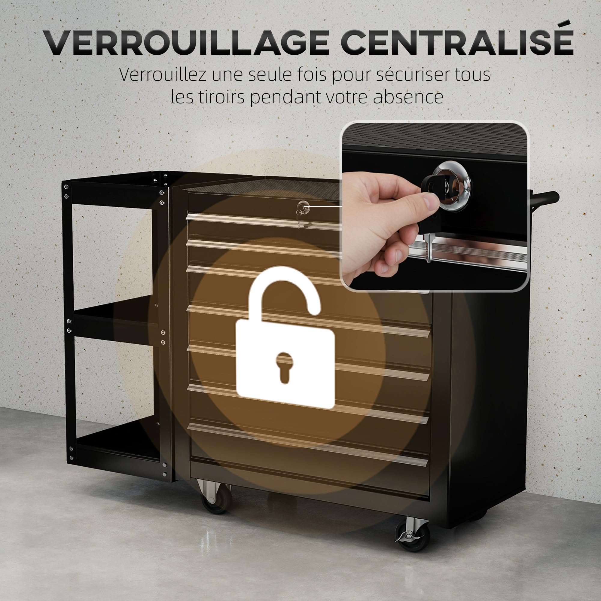 HOMCOM Servante d'Atelier en Acier à 7 Tiroirs Verrouillable 2 Clés Noir