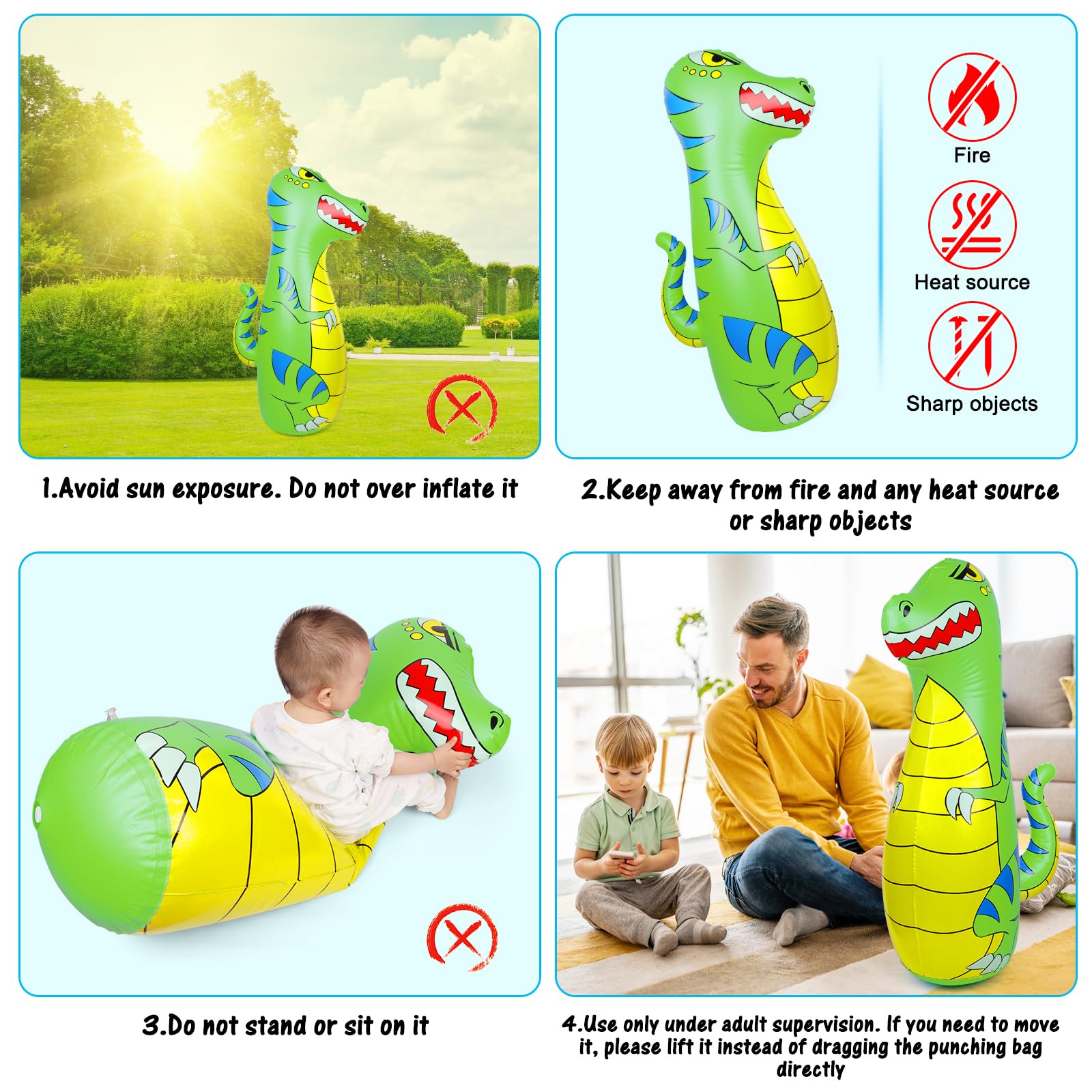 Saco de Boxeo Niños 120cm Hinchable Dinosaurio Bolsa Boxeo con Guantes Regalo 3-9 Años