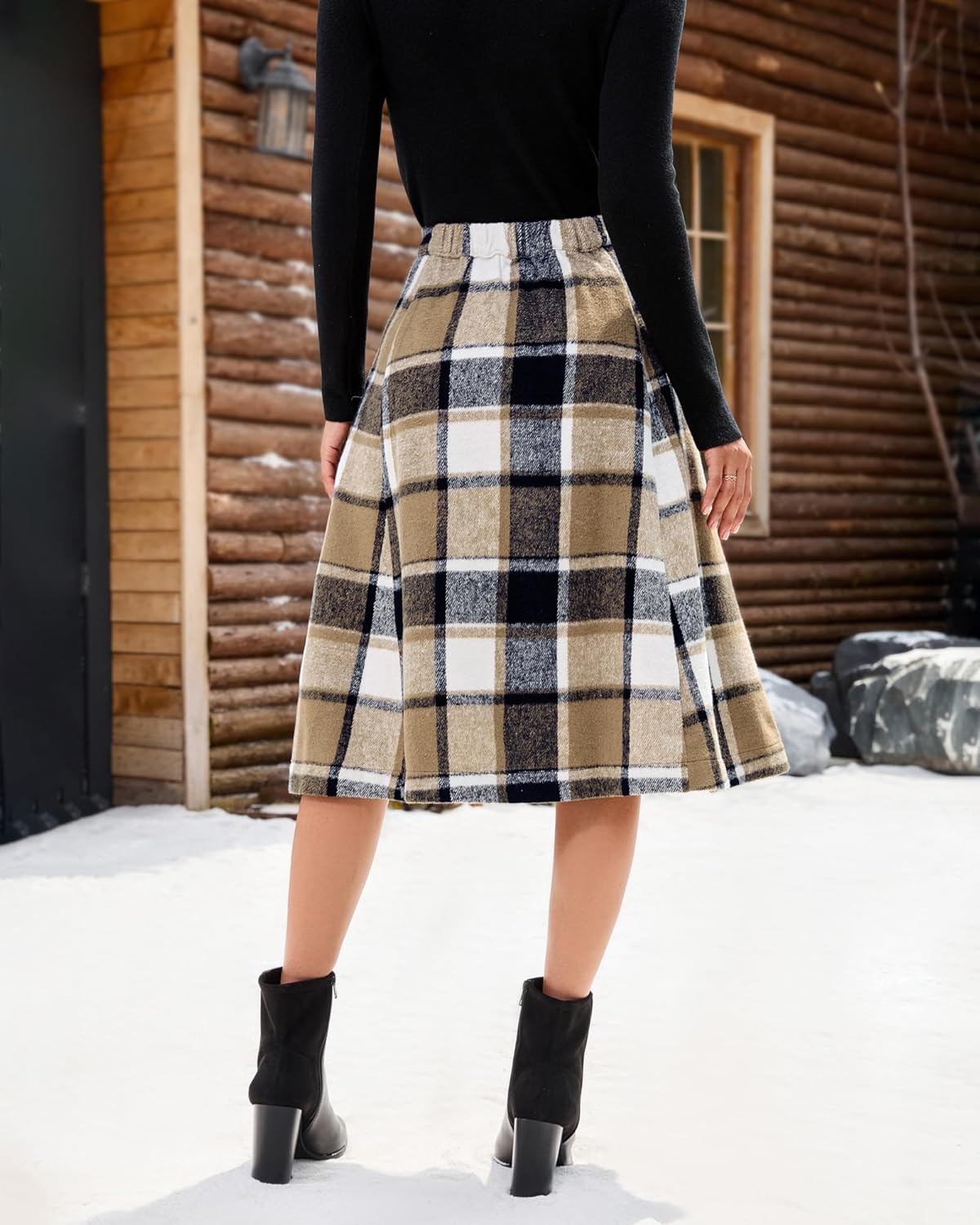 luvamia Plaid Skirts for Women Midi Length High Waisted Button Down A Line Fall Winter Elastic Waist Skirt with Pockets - Image 8