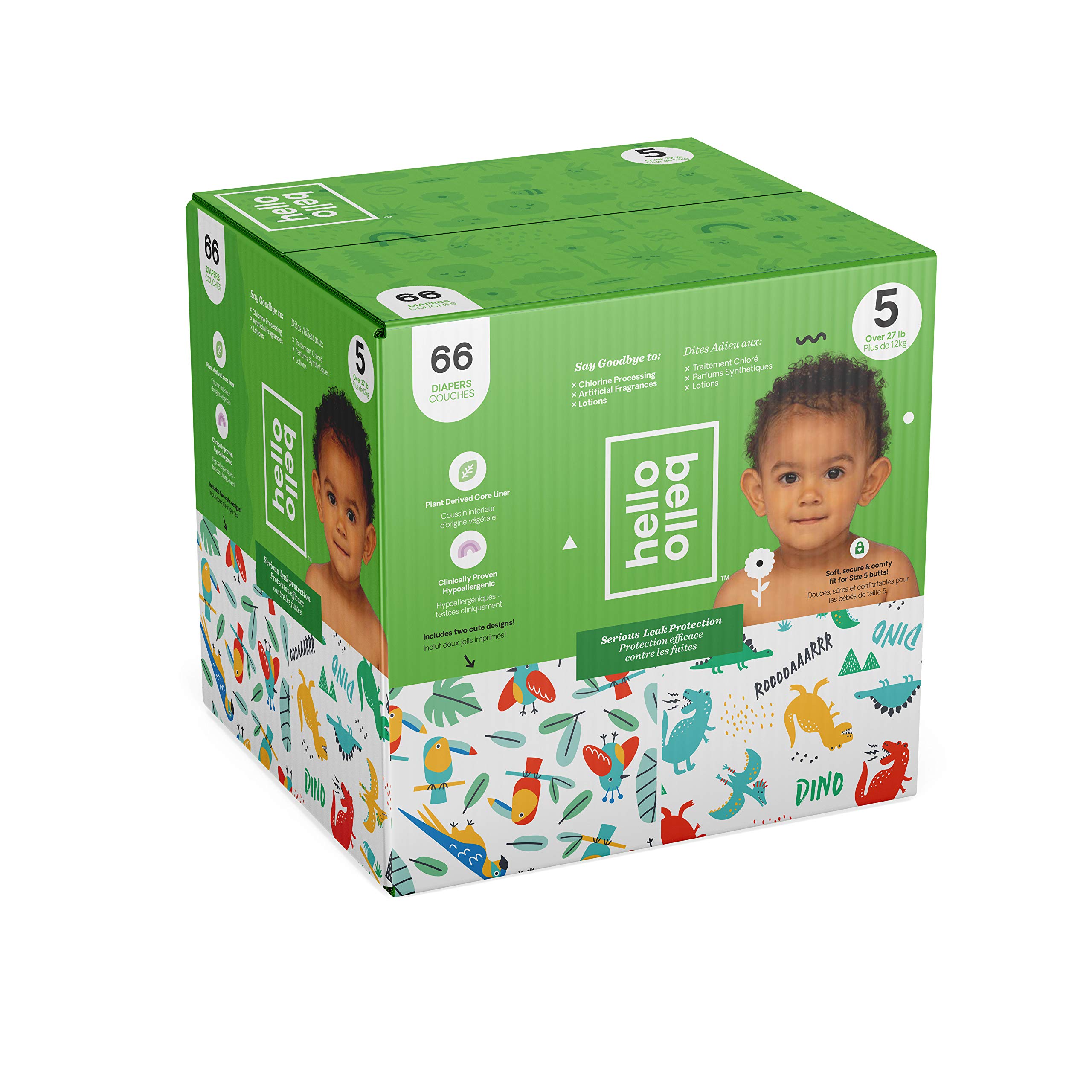Hello BelloClub Box Diapers, Parrots And Dinos, Boy, Size 5, 66 count