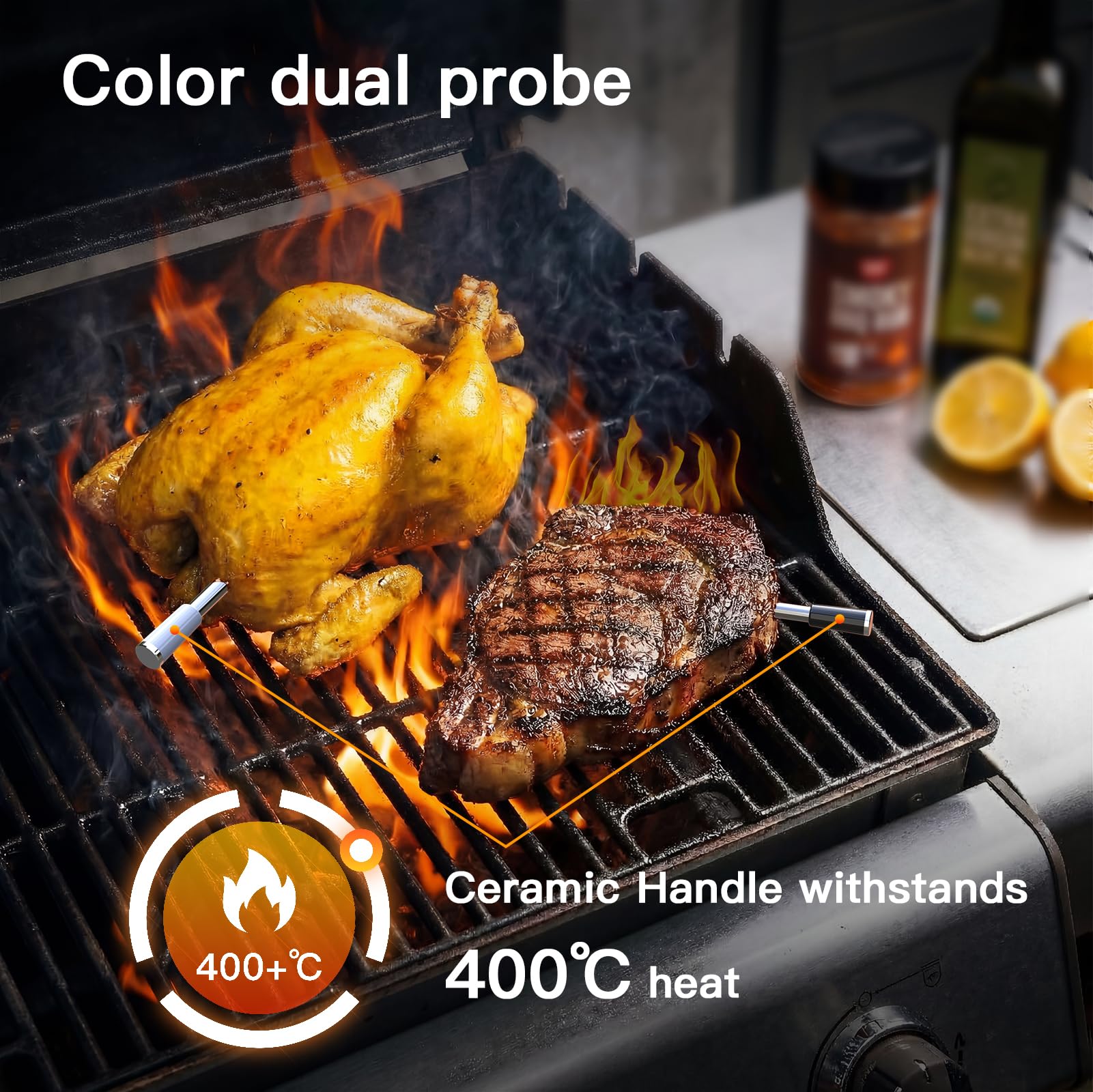 BFOUR Termometro per carne senza fili con 2 sonde, app allarme per barbecue e forno | misurazione della temperatura, carne