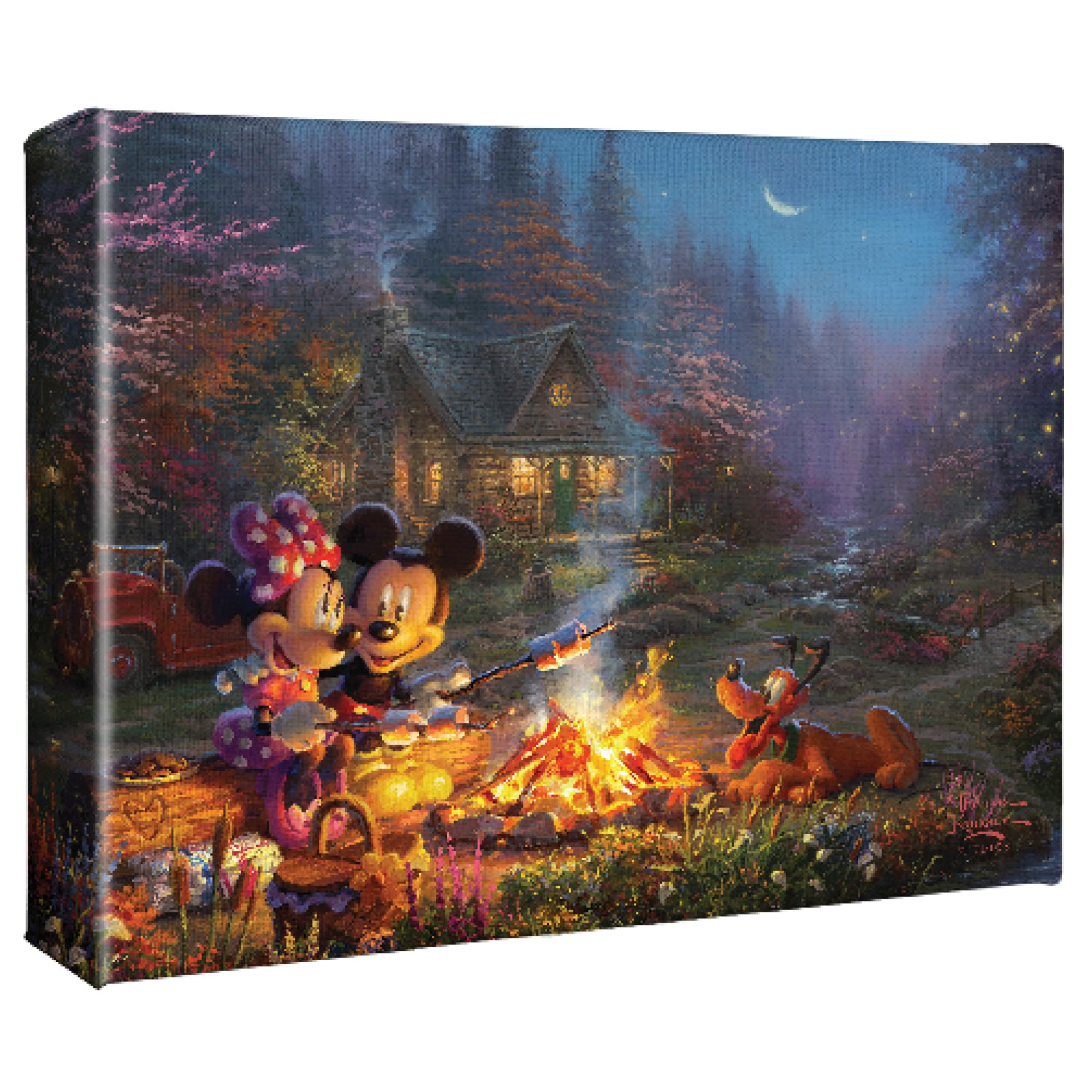 Thomas Kinkade Mickey and Minnie Sweetheart Campfire 8" x 10" Gallery Wrapped Canvas Art | Frameless Room Wall Art | Certificate of Authenticity Included