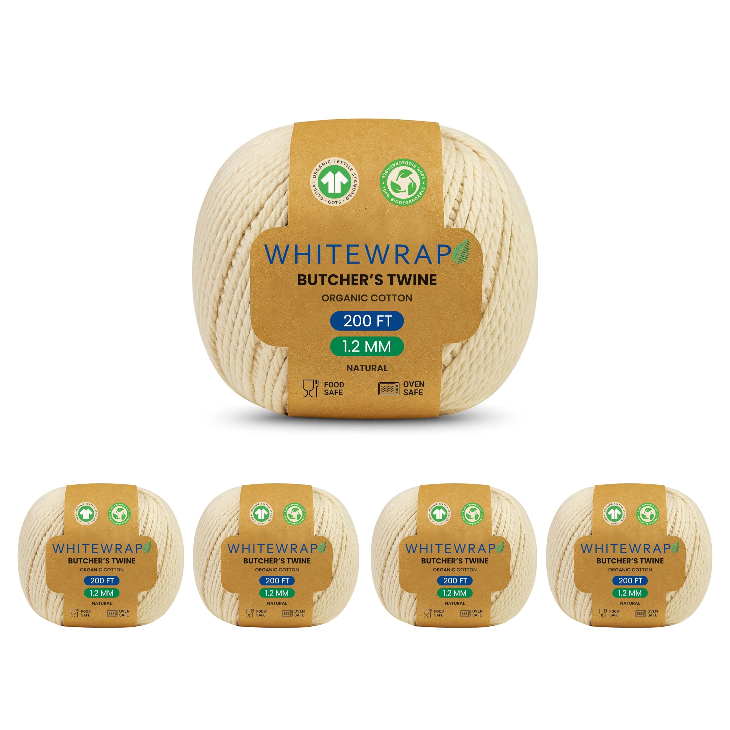 Butcher’s Twine – 1000 Feet Total (5 × 200 ft Balls), Safe Kitchen Twine for Meat, Turkey, Baking, BBQ &amp; Crafts, 1.2 mm Heavy Duty Organic Cotton Cooking String