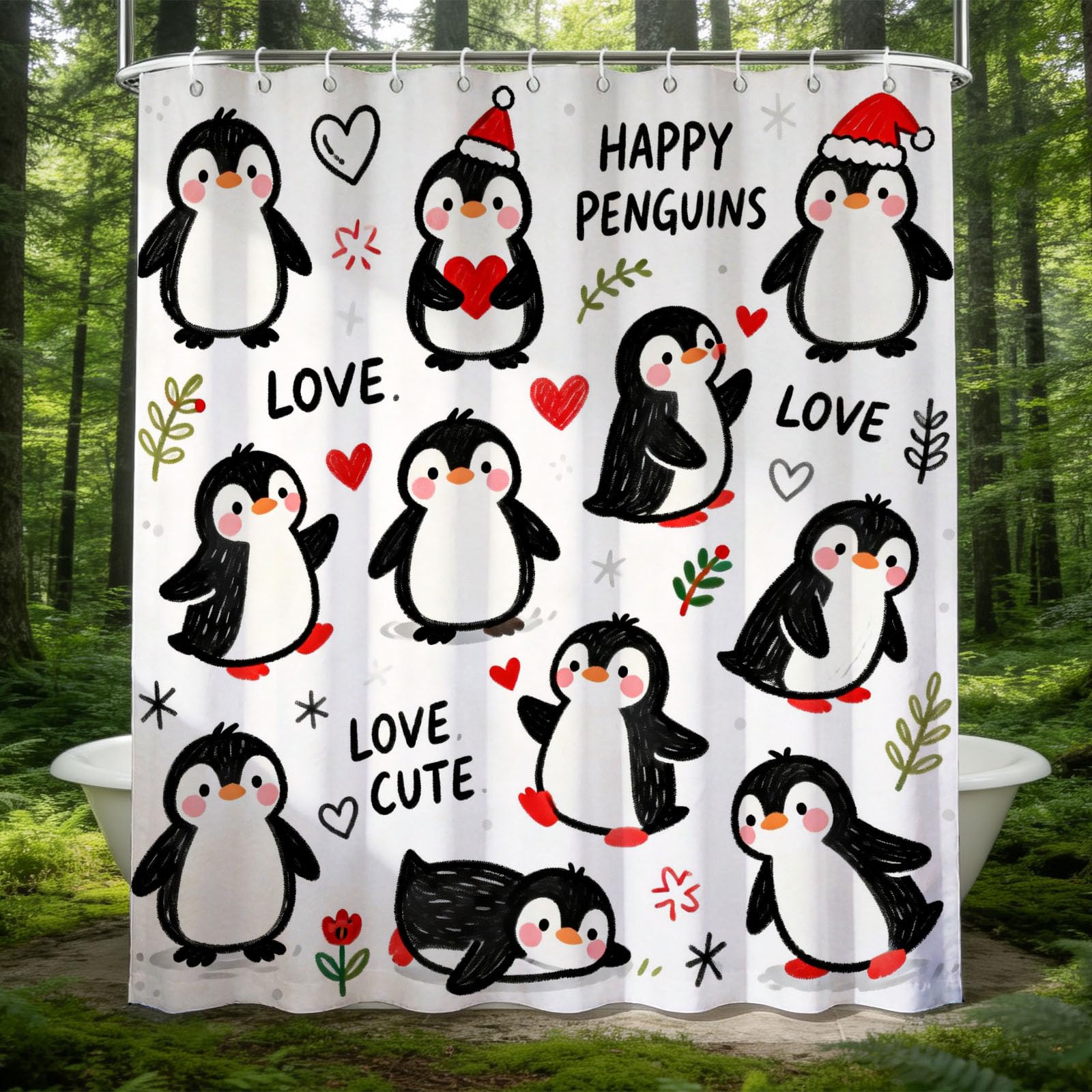 Hongduo 3D Cartoon Penguin Shower Curtain for Stalls Bathtubs Lovely Bathroom Decor Shower Curtain Set Polyester Fabric Waterproof 180x200cm/71X79 Inch with Hooks