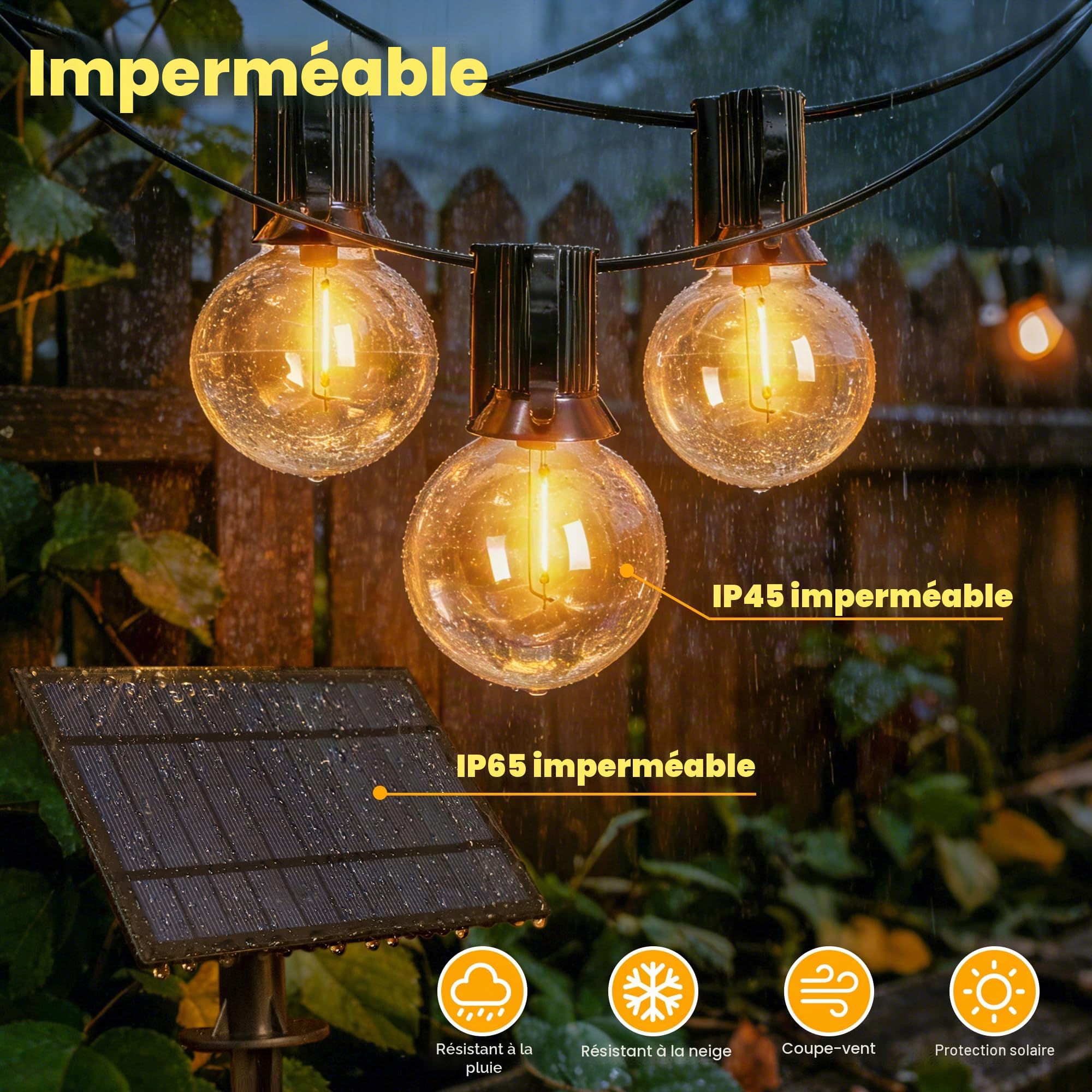 Guirlande lumineuse solaire d'extérieur 20 m avec 30 + 2 ampoules LED, G40, résistant aux intempéries, pour jardin, balcon, télécommande, 3 modes d'éclairage,fonction minuterie, étanchéité IP65