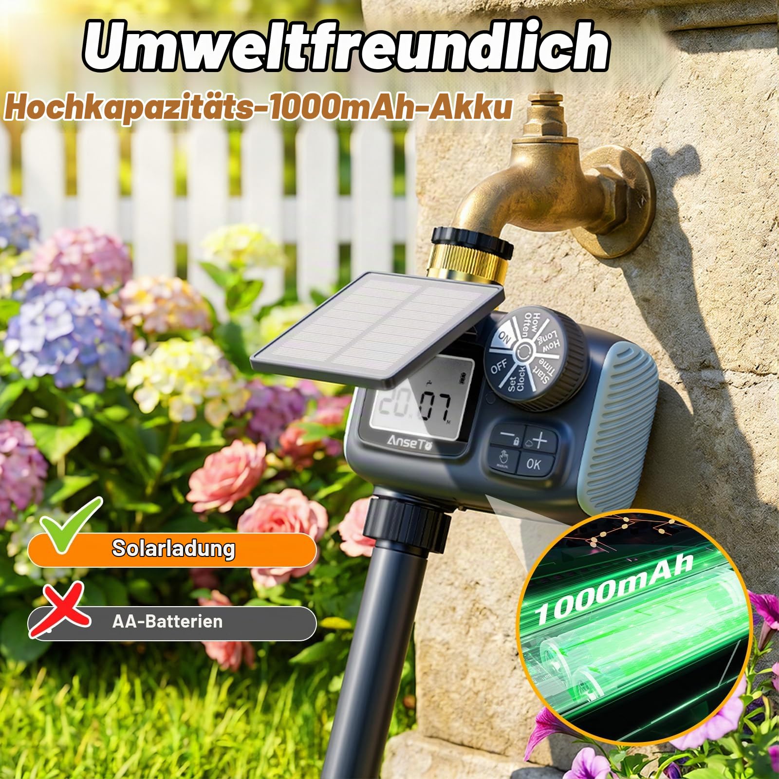 Solar Bewässerungscomputer mit Solar- & USB-C-Aufladung für Garten