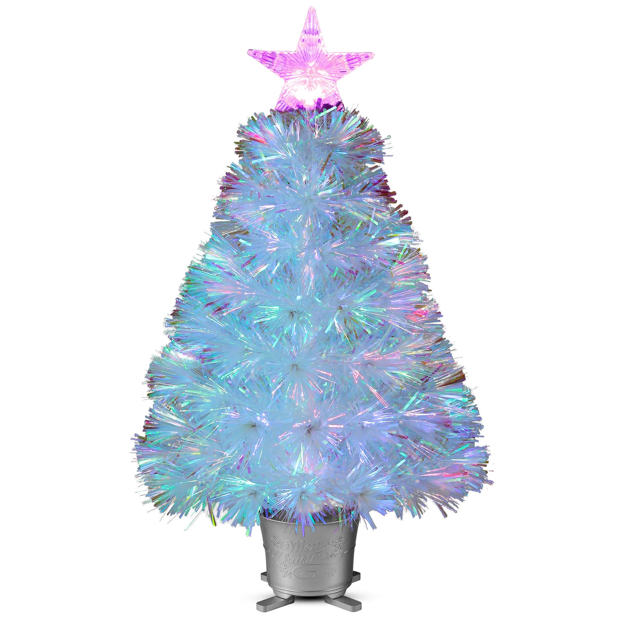 YUETJIN Petit sapin de Noël artificiel de table en fibre optique pré-éclairé de 61 cm avec étoiles - Transparent