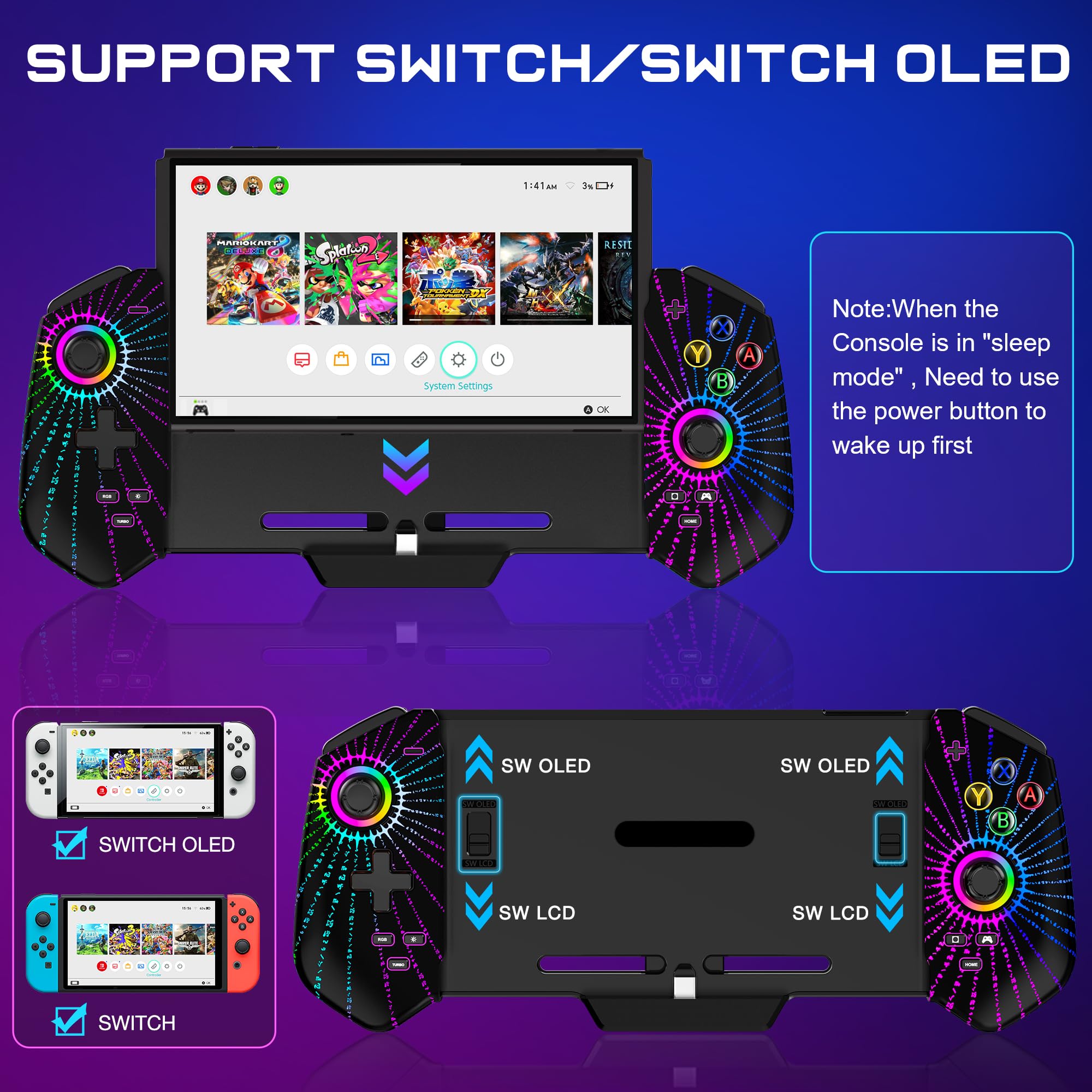 HELLCOOL Hall-Effekt Switch Controller, Plug&Play Handheld Switch Controller für Switch/OLED Konsole, Präzise Joystick, Cooles RGB-Licht Look, 4xSpiele Karten Slots