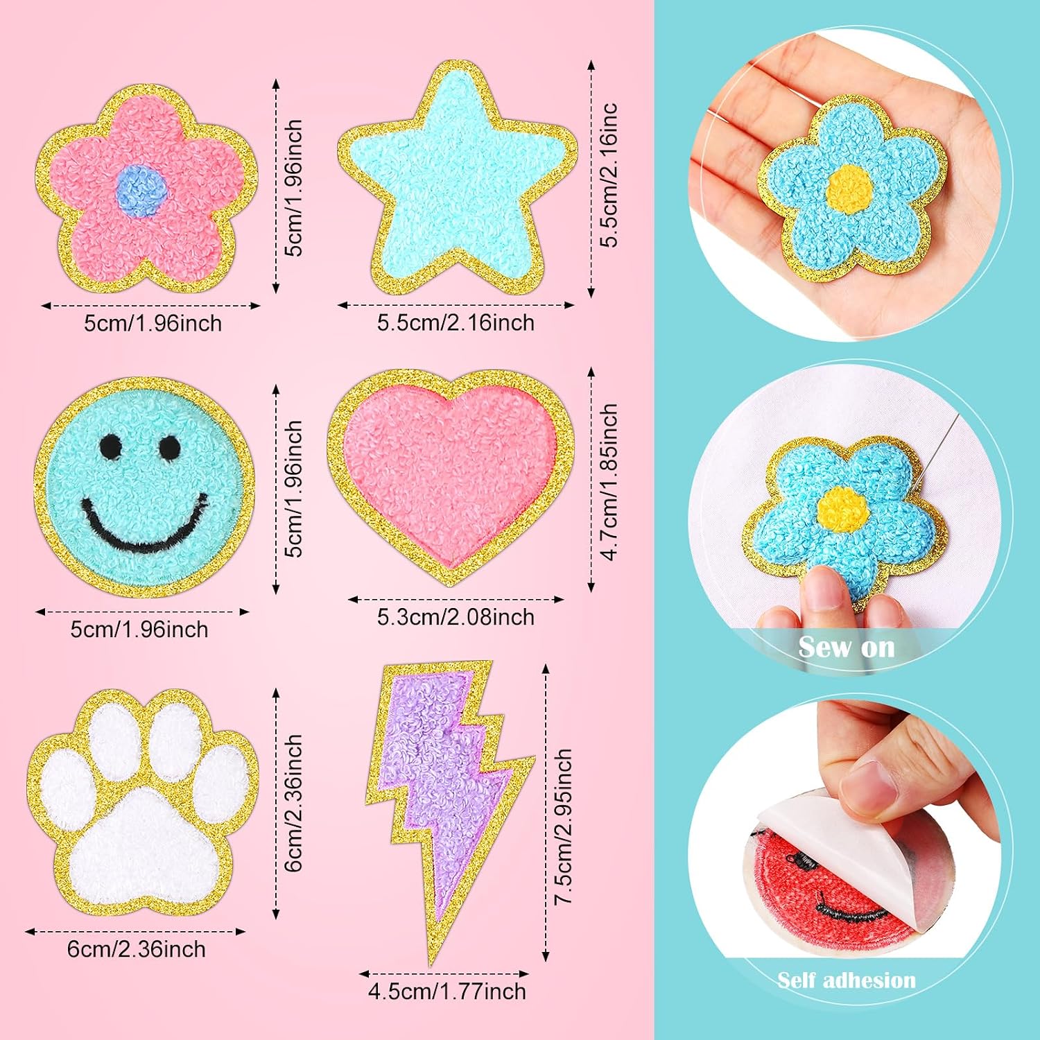 50 Pcs Self Adhesive Chenille Patches Paw Print Smile Face Heart Patch Preppy Sticker Chenille Rainbow Sew on Sticker for Jackets Jeans(Cute Style,Macaron Color)