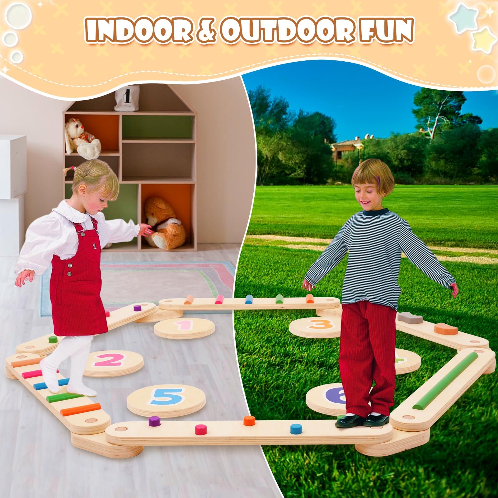 Trave Equilibrio in Legno per Bambini con 6 Pietre di Equilibrio, Giocattolo Montessori per Allenamento Dell'equilibrio per Interni ed Esterni per lo Sviluppo della Coordinazione e Della Stabilità