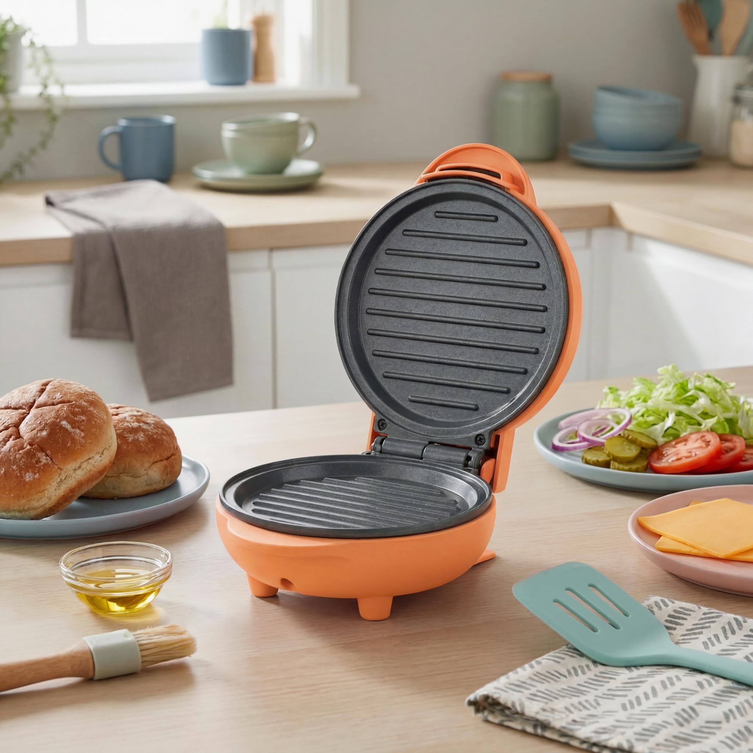 Giles & Posner Funfair Mini Griddle – Bez PFAS, nieprzywierające płyty do gotowania, gotowanie bez oleju, burgery, panini, muffiny śniadaniowe, 2 minuty nagrzewania, 11,5 cm, 55W, pomarańczowy