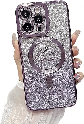 aowner Funda magnética para iPhone 11 Pro compatible con MagSafe, funda transparente con diseño de corazón de amor de lujo, protección de cámara,