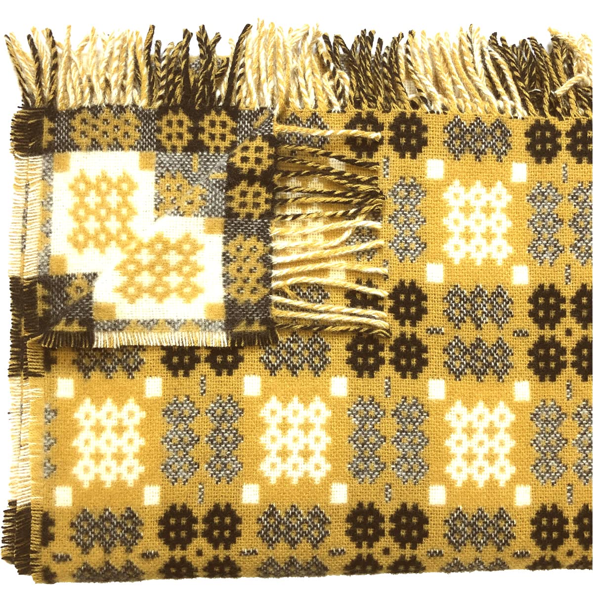 Cadwyn Gold Colour Welsh Tapestry Woollen Throw. Traditional Carthen Welsh Blanket - Caernarfon pattern. Finished with fringing.