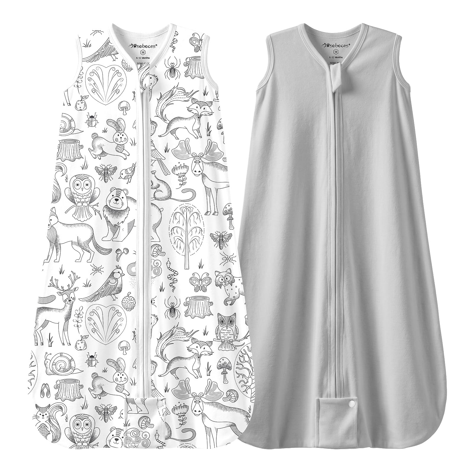 Mosebears Sacco nanna estivo per bambini, 0,5 Tog, 100% cotone, traspirante, (Confezione da 2 pezzi grigio, XL (18-24 mesi)