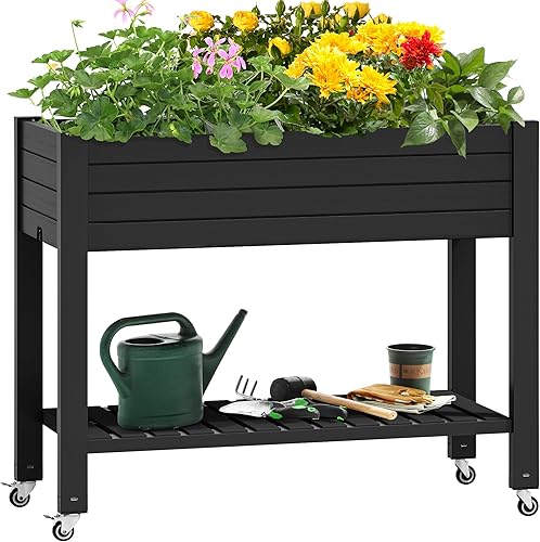 Miniatura 1 de YITAHOME Cama de jardín elevada de 3.6 x 1.5 x 2.8 pies con patas y ruedas, soporte grande de resina para exteriores con tapón de drenaje y estante