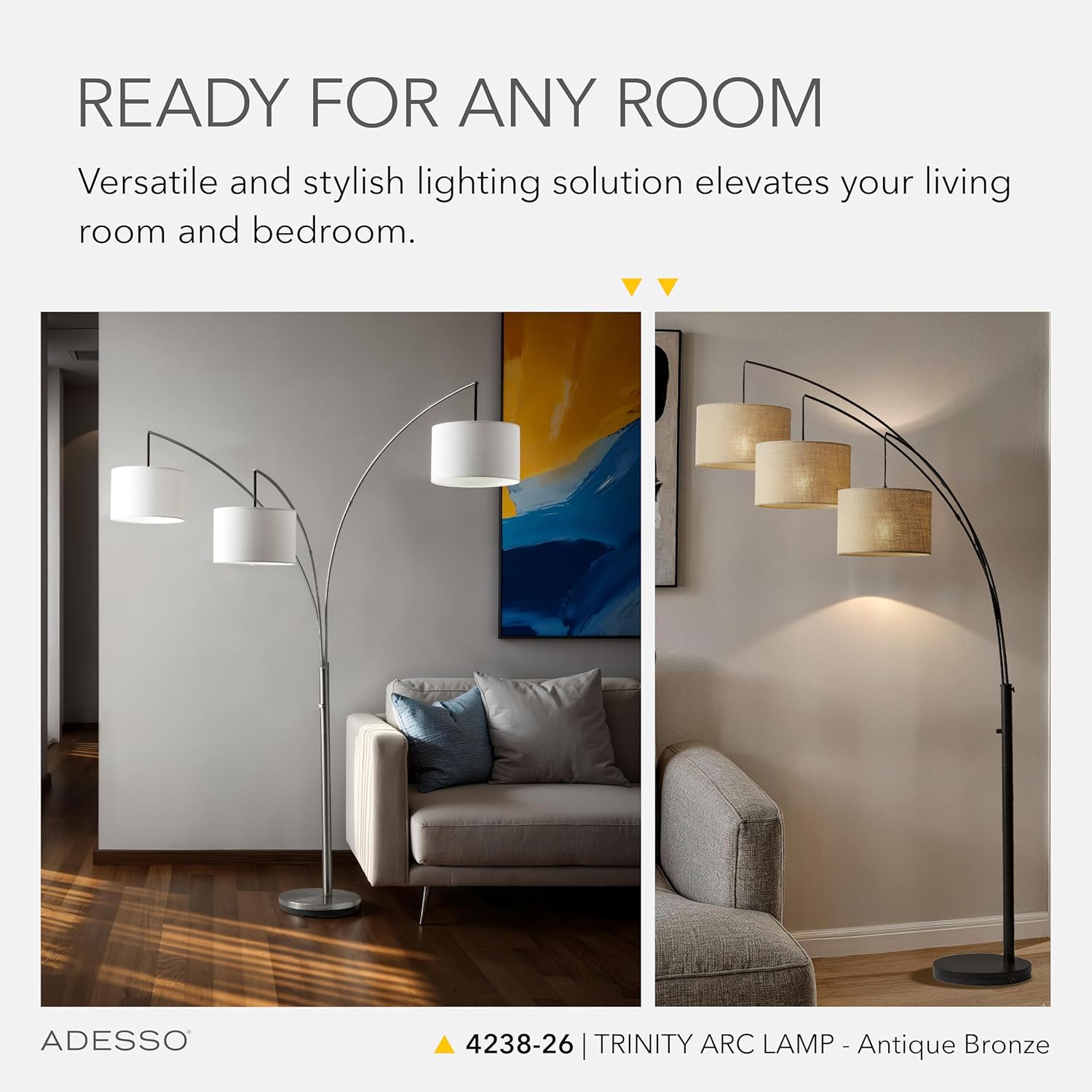 Adesso Arc Floor Lamp with 3 Movable Shades & Dimmable Brightness - Perfect Lighting for Bedroom, Living Room and Corner Decor, Antique Bronze