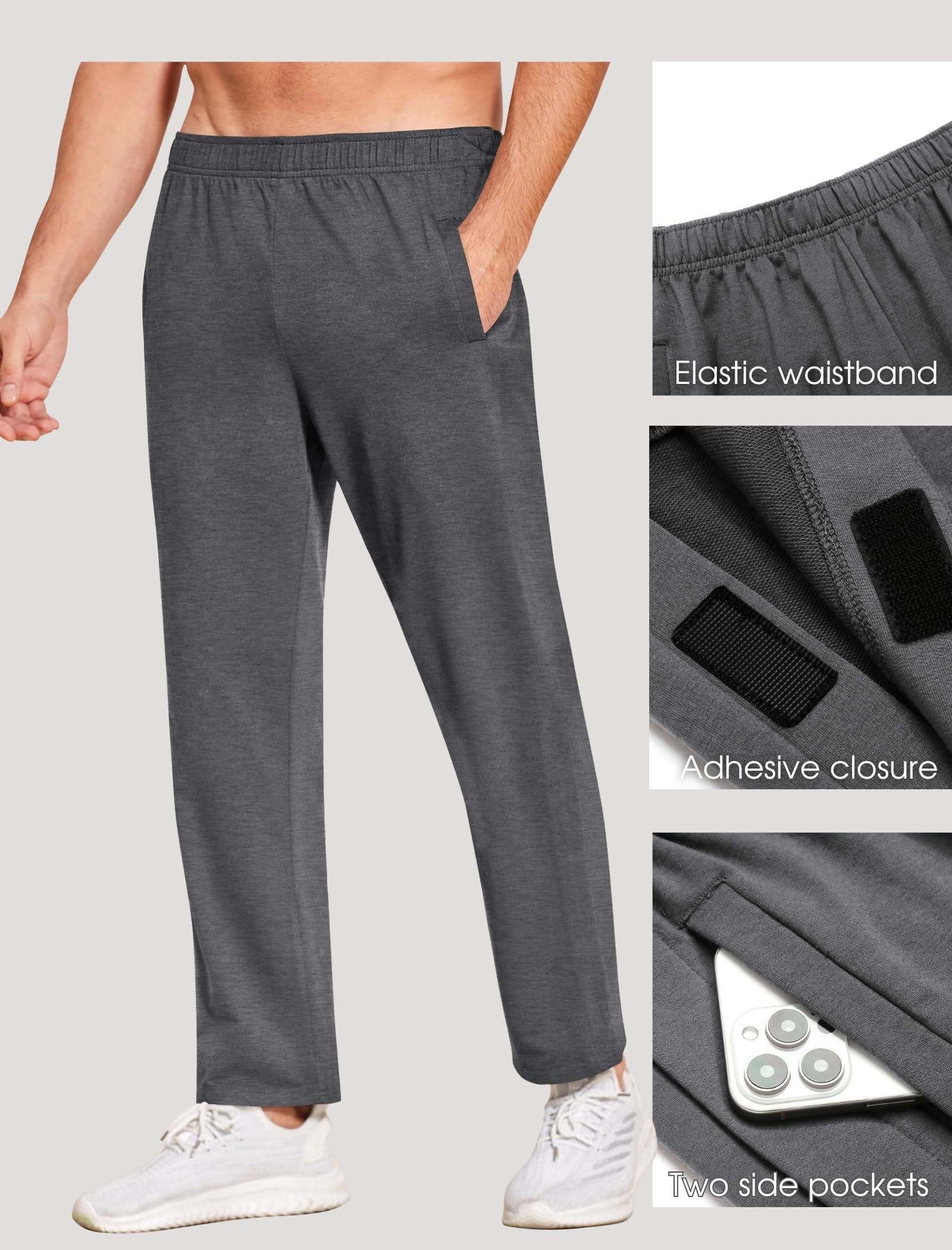Deyeek Pantalones de chándal para hombre, 2 lados, parte inferior abierta, ajuste holgado, casual, postoperatoria, con bolsillos