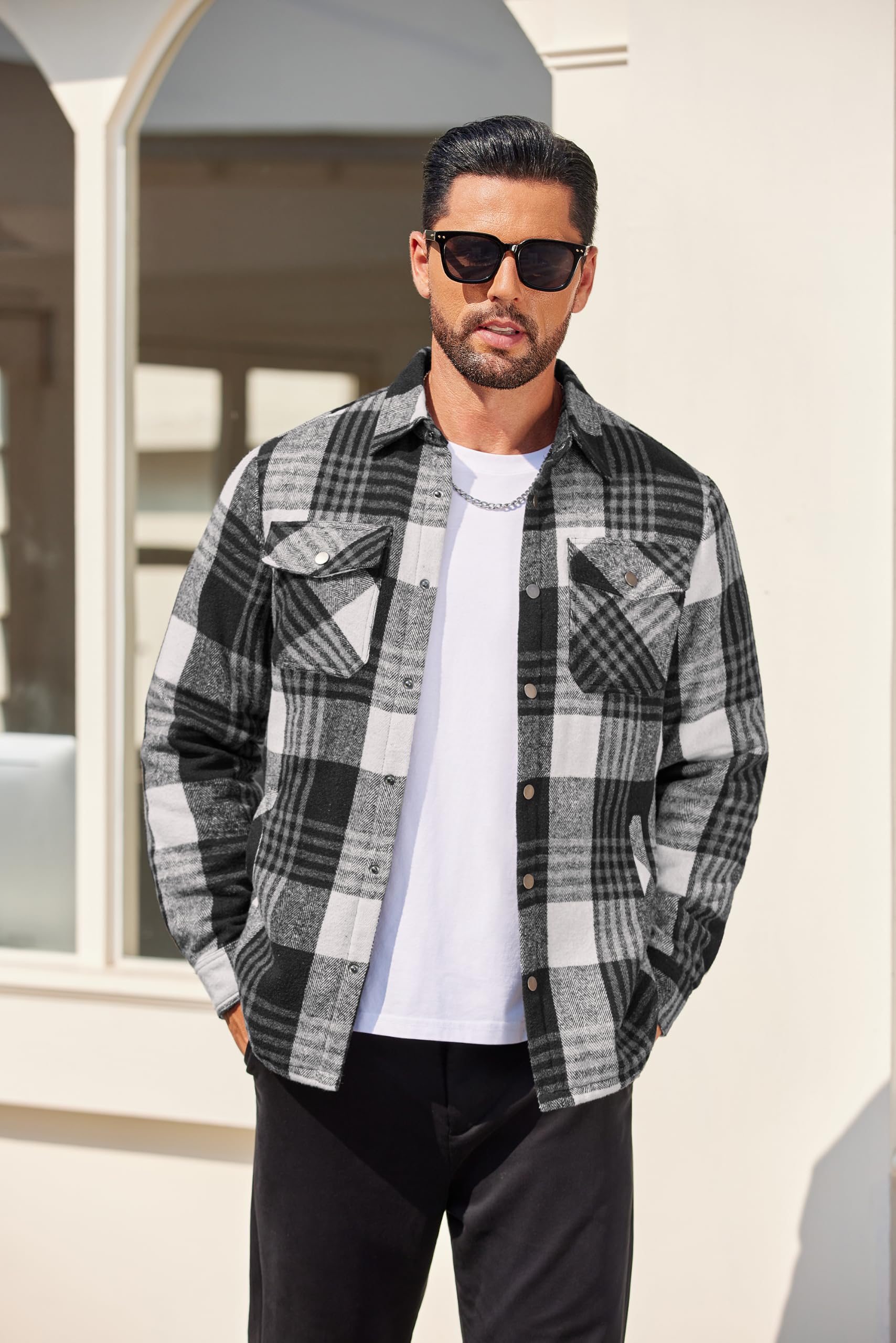 COOFANDY Camicia da uomo a maniche lunghe con motivo a quadri, foderata, modello invernale, camicia da boscaiolo nera, bianca e grigia, XL