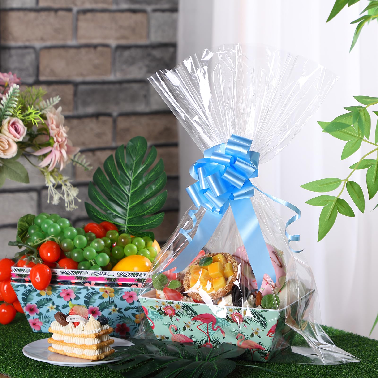 Canlierr 50 Stück leere Geschenkkörbe, inklusive 12 Stück 20,3 x 15,2 x 7,6 cm Geschenkkorb, leer zum Befüllen mit Griffen, 18 Schleifen und 20 transparente Plastiktüten für Hochzeit, Geburtstag,