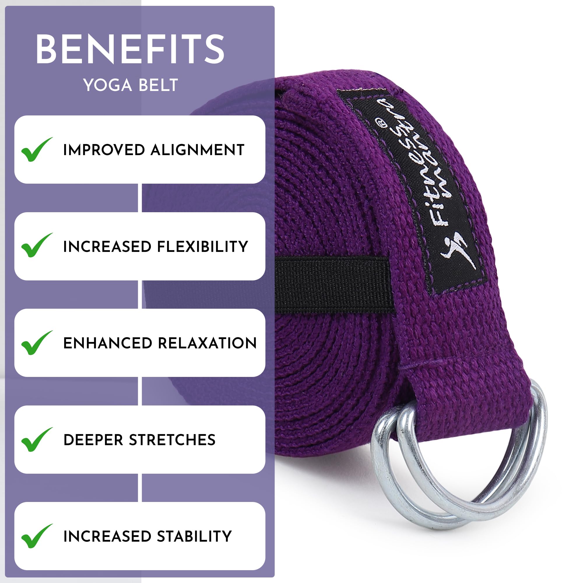 Fitness Mantra® 8.5 Feet Premium Cotton Yoga Belt for Women and Men |Adjustable D-Ring Strap for Stretching, Yoga, Pilates, Physical Therapy & Fitness |Durable & Anti-Slip Quality| Purple| 3