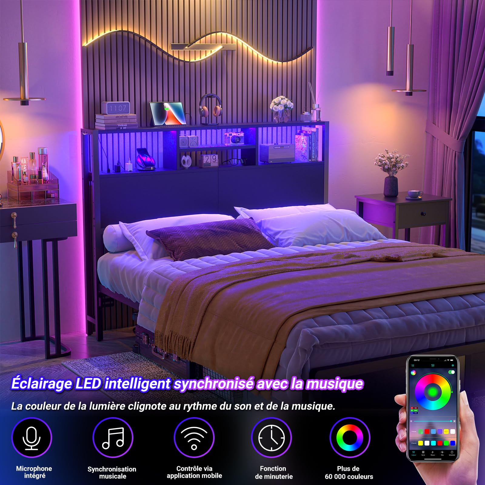 iSunirm Tête de lit avec étagères de Rangement 140 cm, Prises électriques, Ports USB et Pip-C, éclairage LED, Hauteur réglable, réversible, Robuste et Stable, Noire