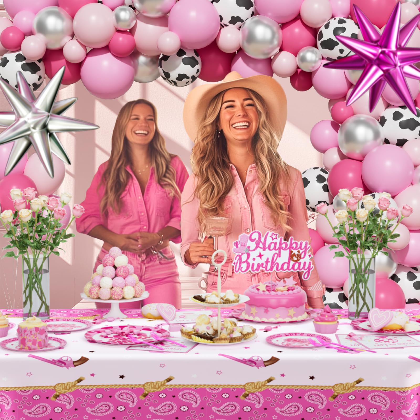 Kit Décoration Anniversaire Cowgirl Disco - 22 Pièces Rose Et Argent (rideau, Banderole, Suspensions)