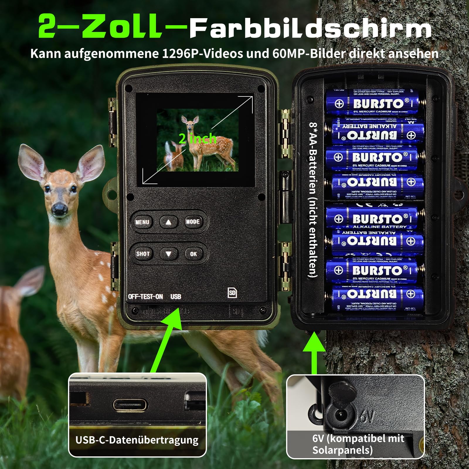 Wildkamera WLAN, 1296P 60MP Wildkamera mit Handyübertragung App, Wildtierkamera mit Nachtsicht Bewegungsmelder, 0,1s Auslösezeit, IP66 Wasserdichter für die Überwachung von Wildtieren