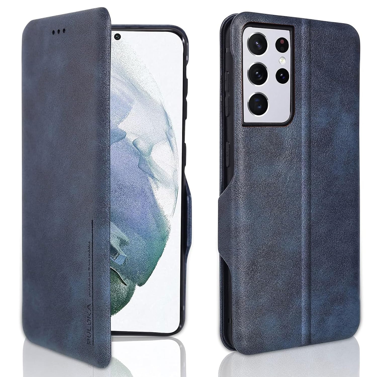 PULOKA Premium Vegan Leather Phone Cover Compatible with Samsung Galaxy S24 Ultra with Card Slot - Slim, Durable, Privacy Protection - Kickstand Function - Elegant Flip Wallet Cases - Blue