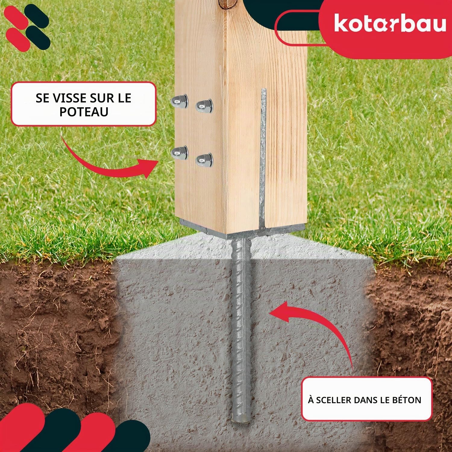 KOTARBAU® Support de poteau en T 130 x 90 x 6 mm à sceller dans le béton avec ancrage béton en acier d'armature, galvanisé à chaud