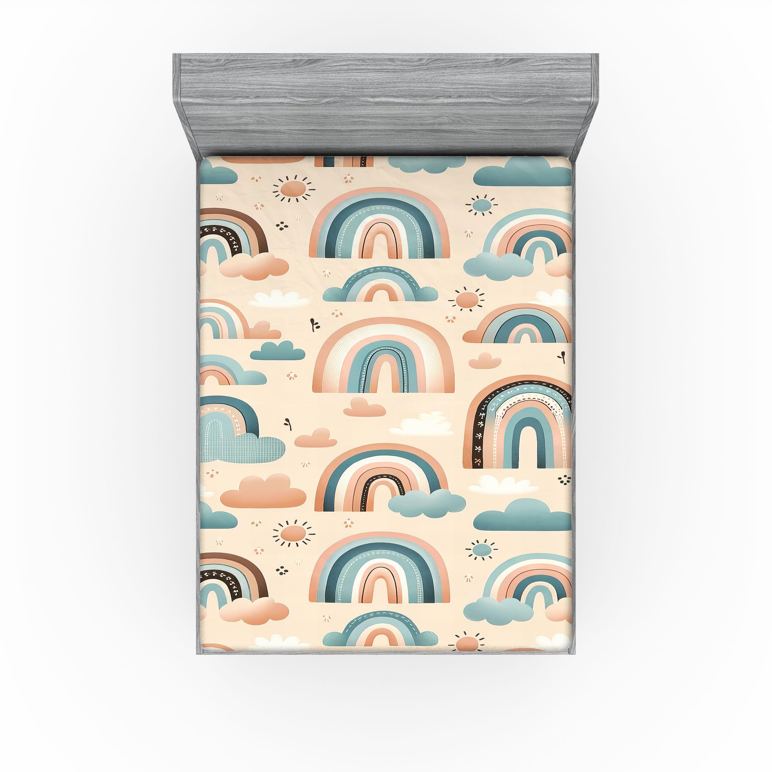 Ambesonne Sky Fitted Sheet, Cartoon Scenario of Rainbow Cloud Sun with Mid Century Modern Boho Details, Bed Cover with All-Round Elastic Deep Pocket for Comfort, Queen Size, Cadet Blue Peach Teal