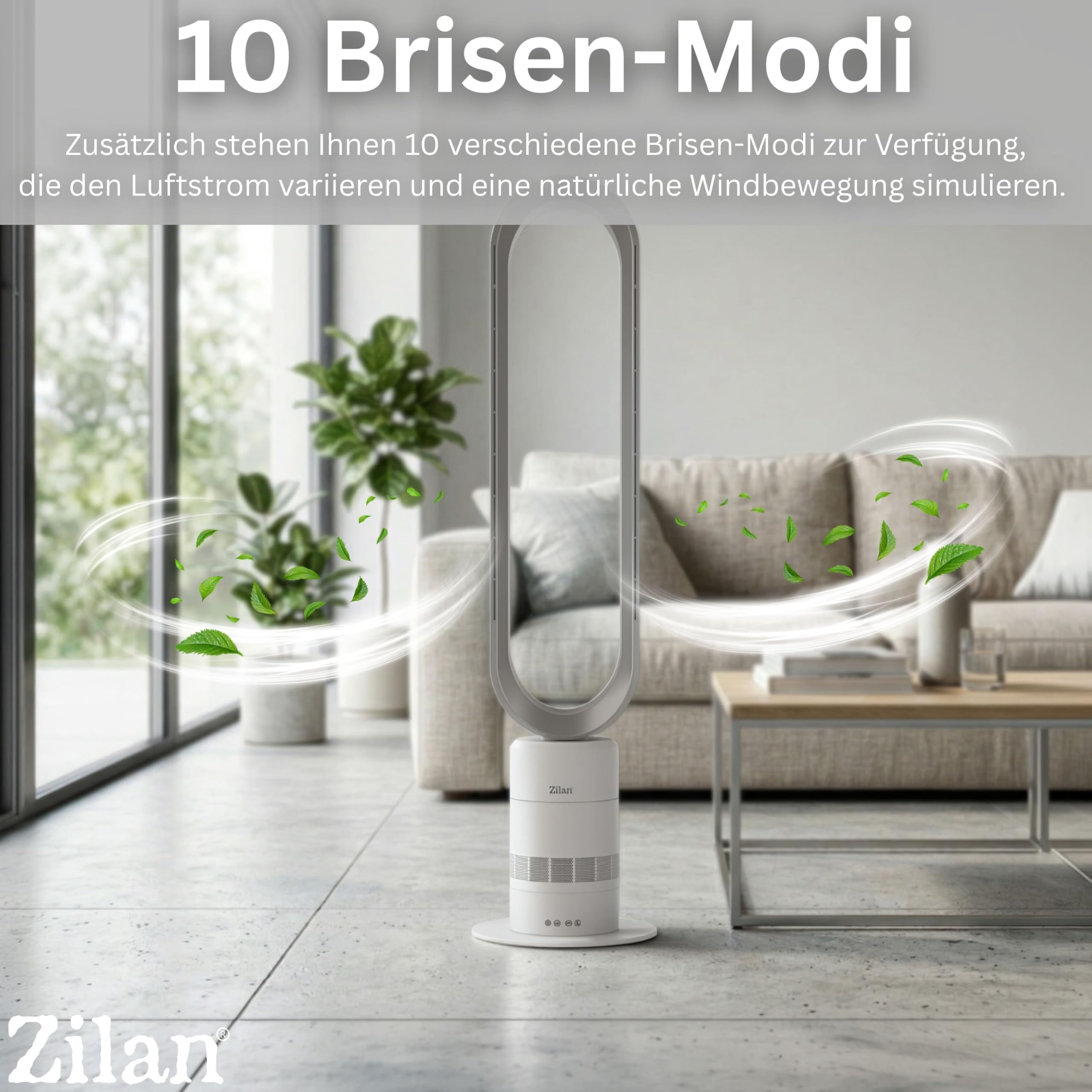 Zilan Turmventilator leise mit Fernbedienung – energiesparender BLDC Motor Standventilator mit Kühlung - Säulenventilator 10 Sufen & 10 Modi, 900 m³/h, Oszillation, Timer, Touch Display
