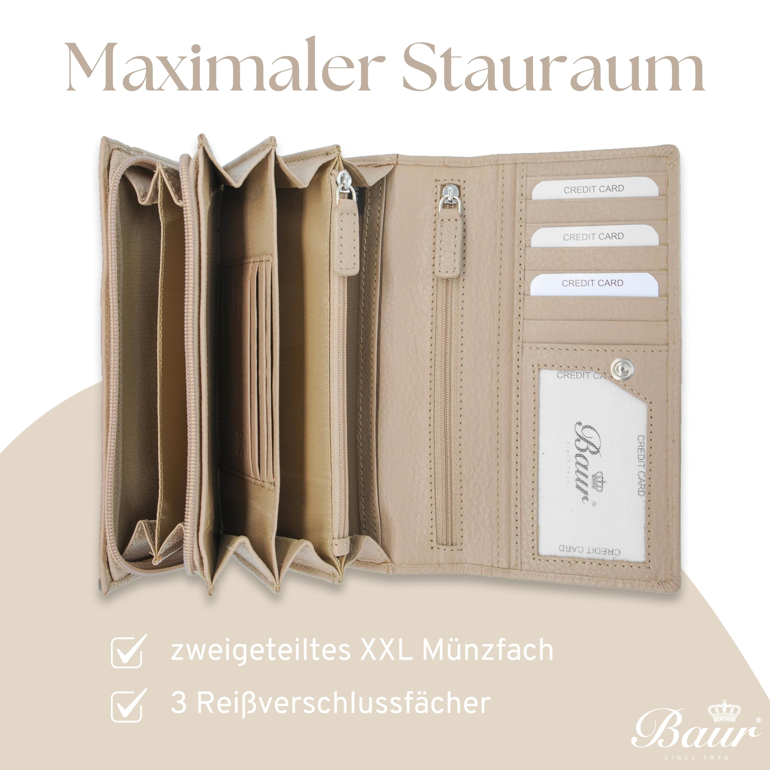 Baur – XXL Damen Geldbörse aus echtem Leder mit RFID-Schutz (Taupe) | Sehr großes Portemonnaie, 18 Kartenfächer, Druckknopfverschluss, Münzfach mit Reißverschluss, geprägtes Rindsleder