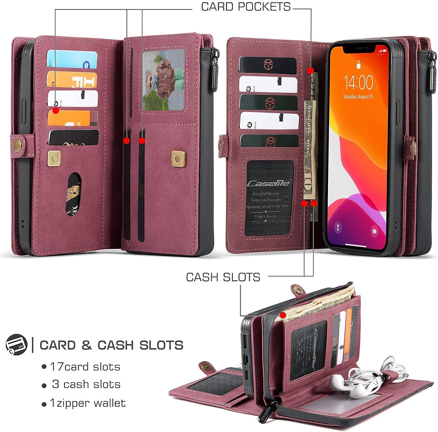 CaseMe Compatible with iPhone 12 Case, iPhone 12 Pro Case, Detachable Zipper Leather Magnetic Pocket Wallet Case for iPhone 12/Pro Women/Men Case Wallet with 15 Card Slots Holder 6.1 inches - Red