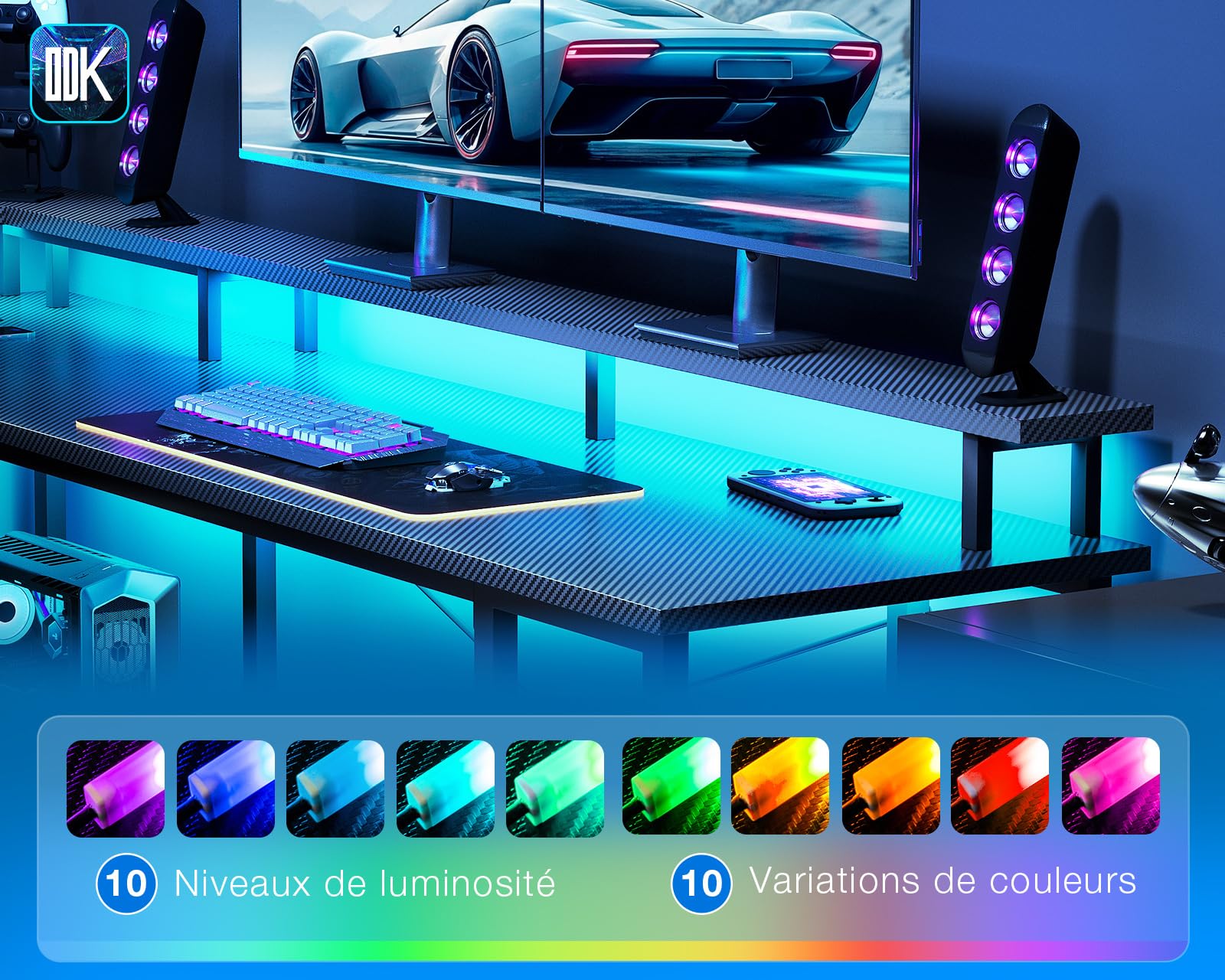 ODK Bureau Gaming d'angle LED, 168×120cm, Noir Carbone