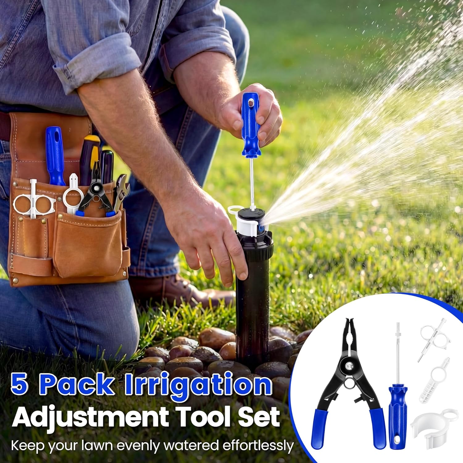 5 Pack Sprinkler Head Adjustment Tool Kit Compatible with Rain Bird/Hunter, Nozzle Insertion Collar, Rotor Adjustment Wrench, Sprinkler Head Pull up, Rotor Nozzle Key Tool