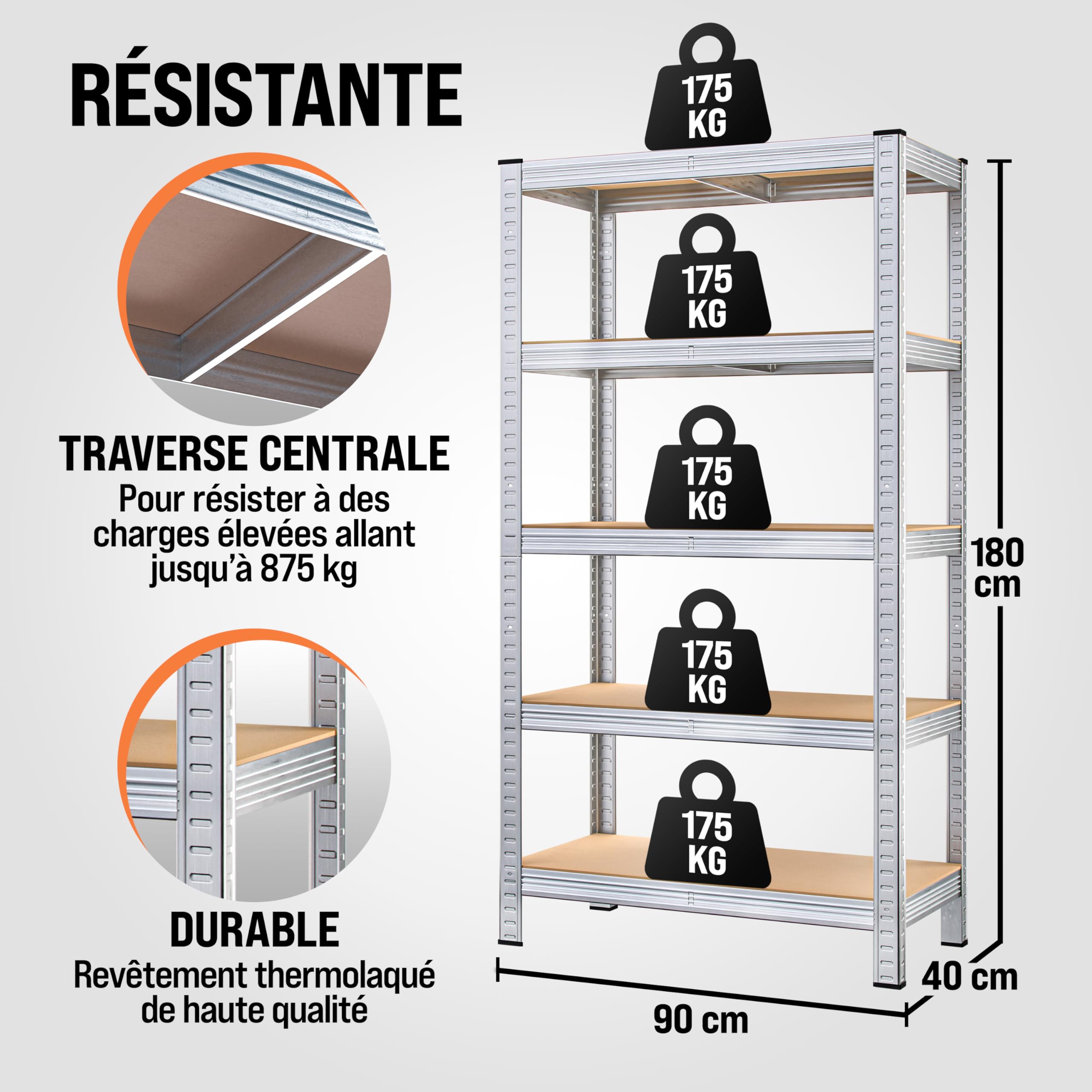 MONZANAŽ Étagčre Charge Lourde 5 Niveaux 180x90x40cm Étagčre métallique modulable Max 875kg Rangement Garage Atelier