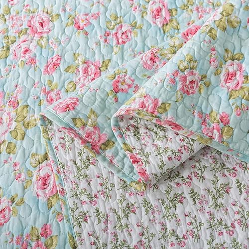 Miniatura 9 de Brandream Juego de edredón de tamaño matrimonial con diseño floral Shabby Chic de algodón, juego de edredón acolchado de 3 piezas